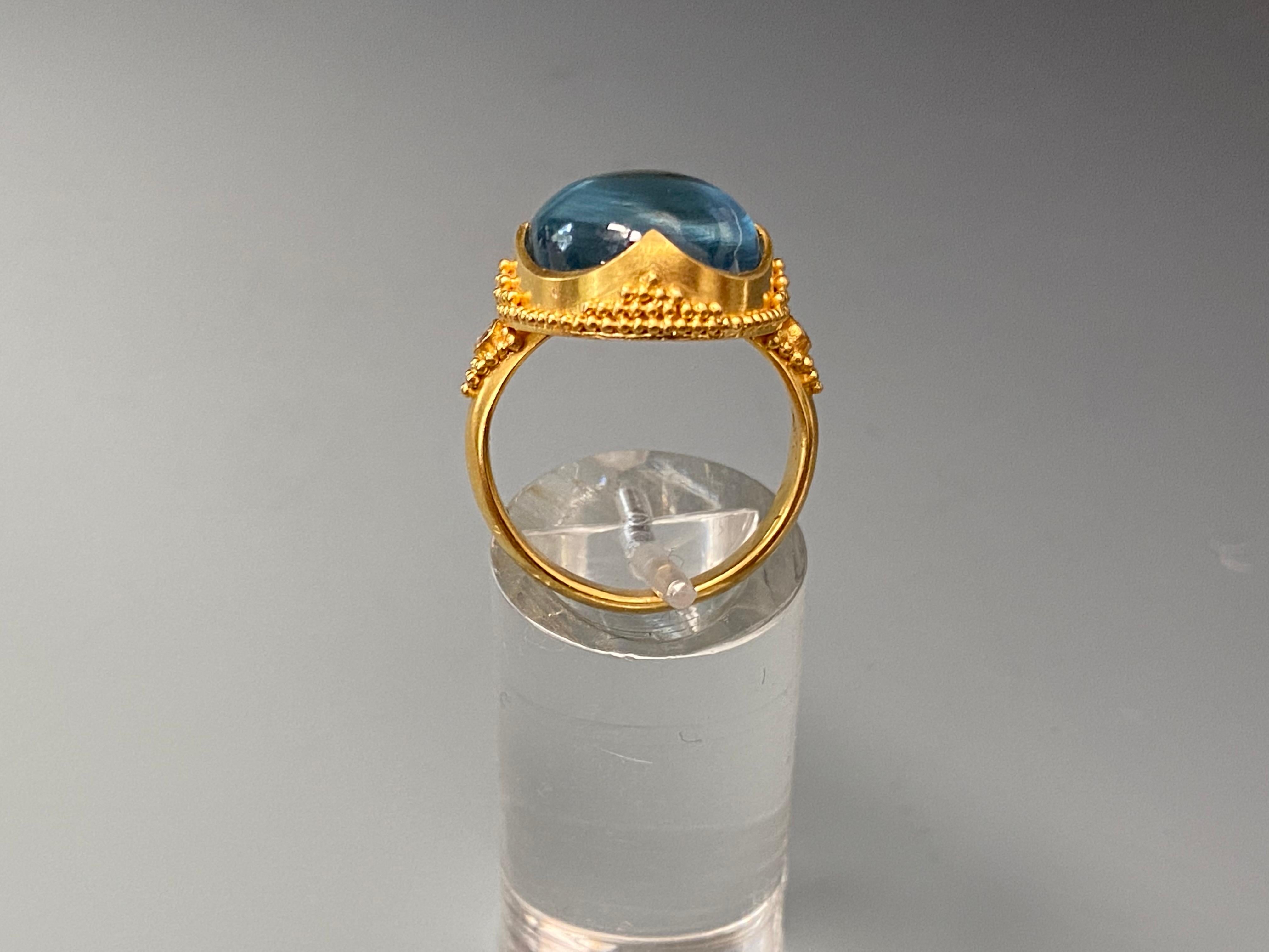 Steven Battelle Cabochon Aquamarine Diamonds Granulated 22K Gold Ring In New Condition For Sale In Soquel, CA