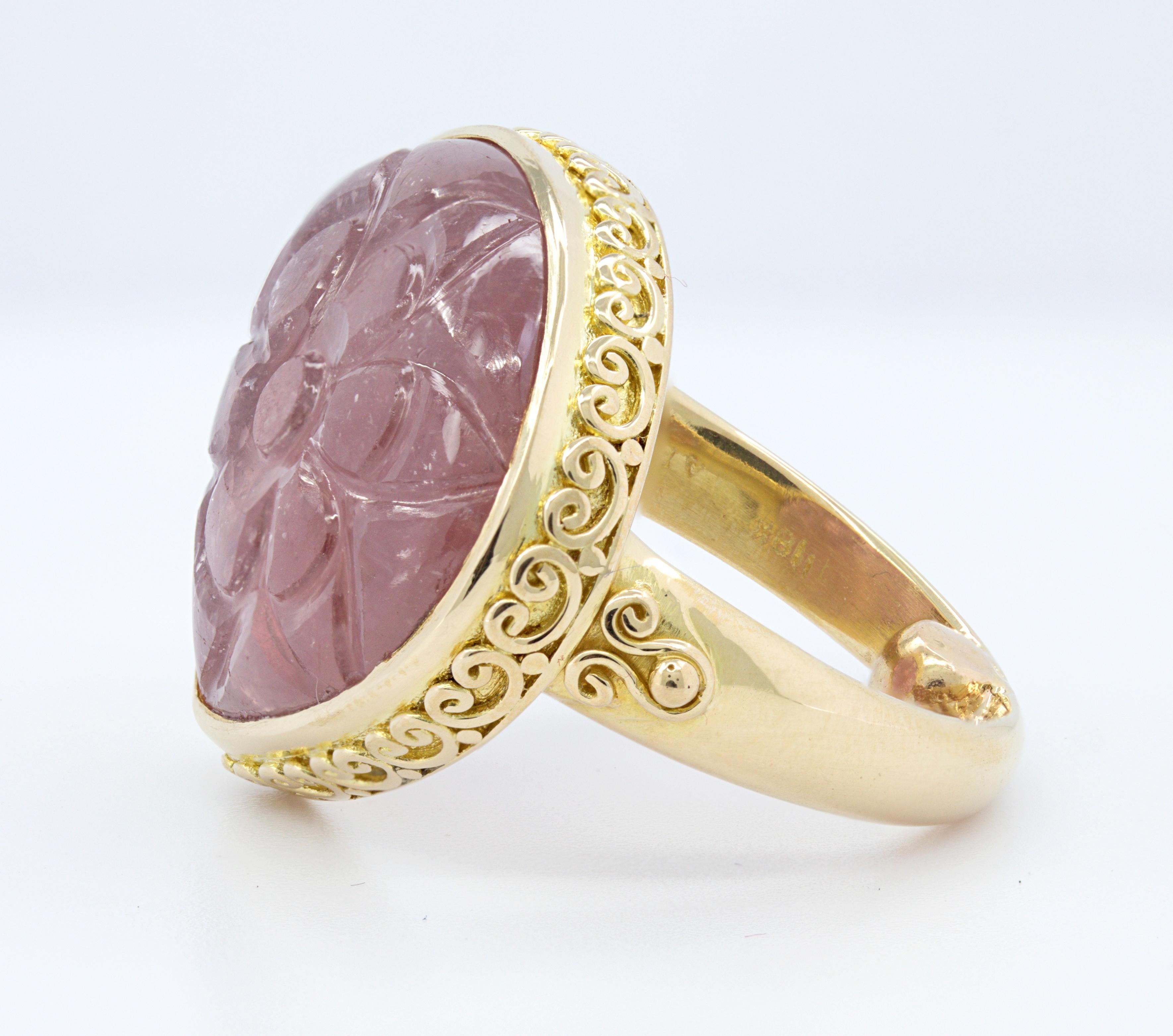 Steven Battelle Carved Ruby, 18K Yellow Gold Ring In Good Condition For Sale In Pleasant Hill, CA