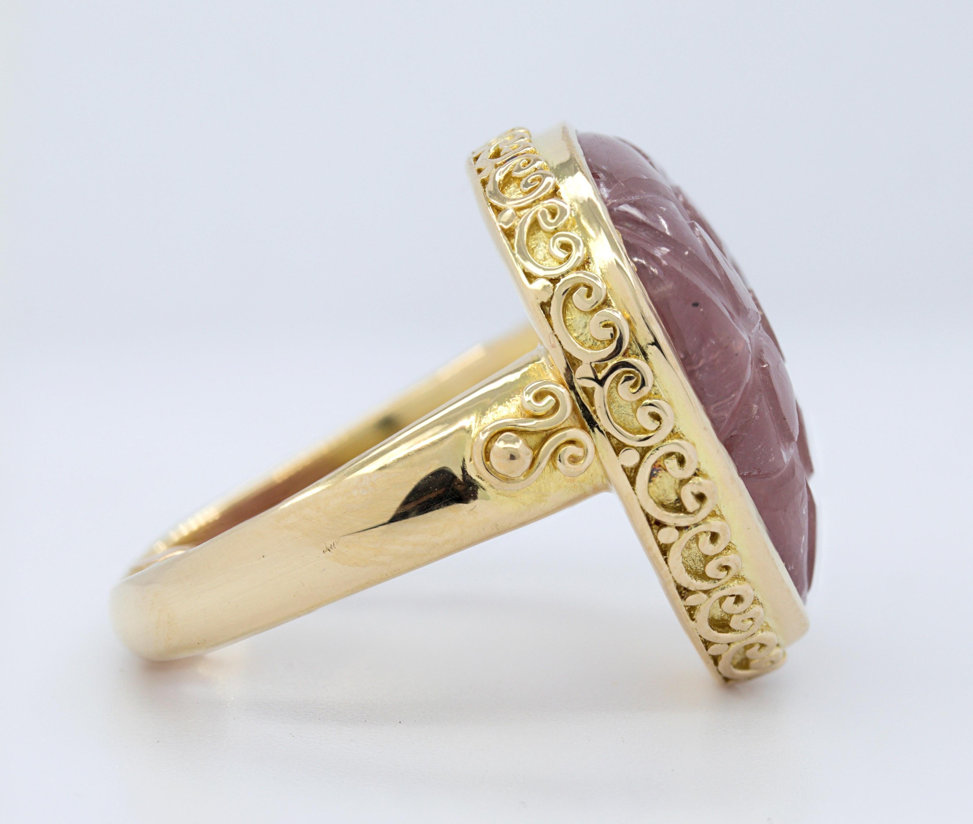 Women's Steven Battelle Carved Ruby, 18K Yellow Gold Ring For Sale