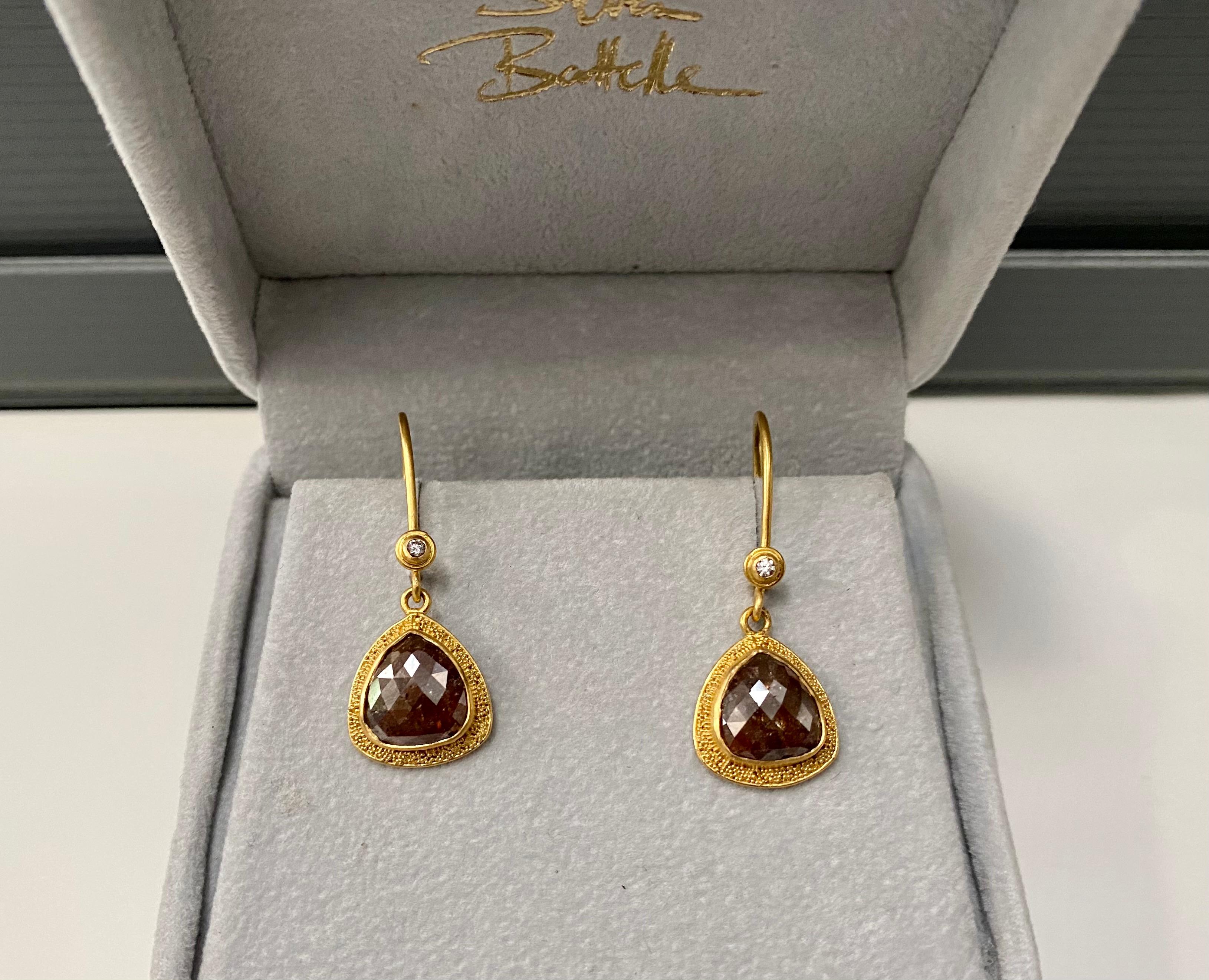 Rough Cut Steven Battelle Diamond Drop Earrings 22k Gold For Sale