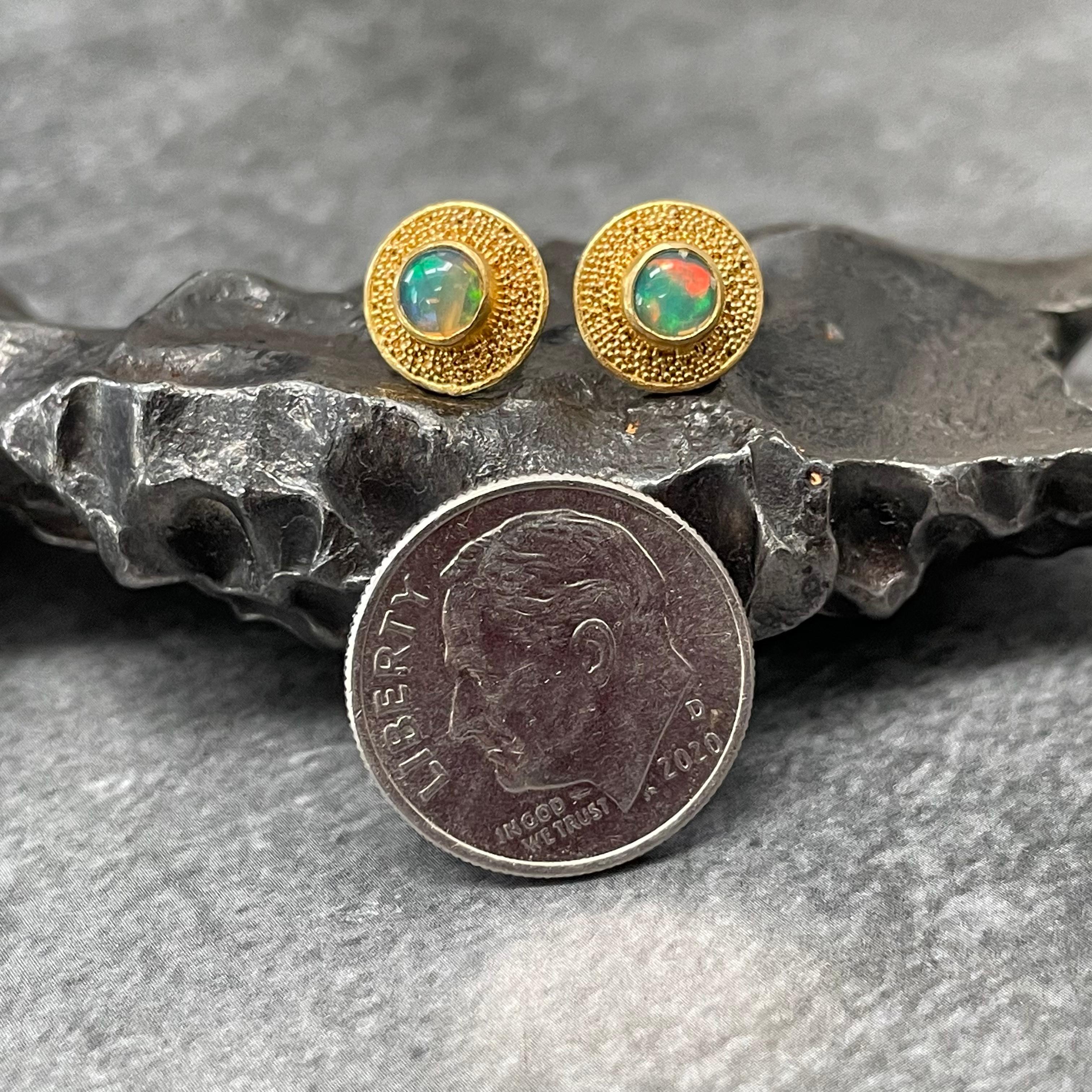 Contemporary Steven Battelle Ethiopian Opal 22K Gold Granulated Post Earrings