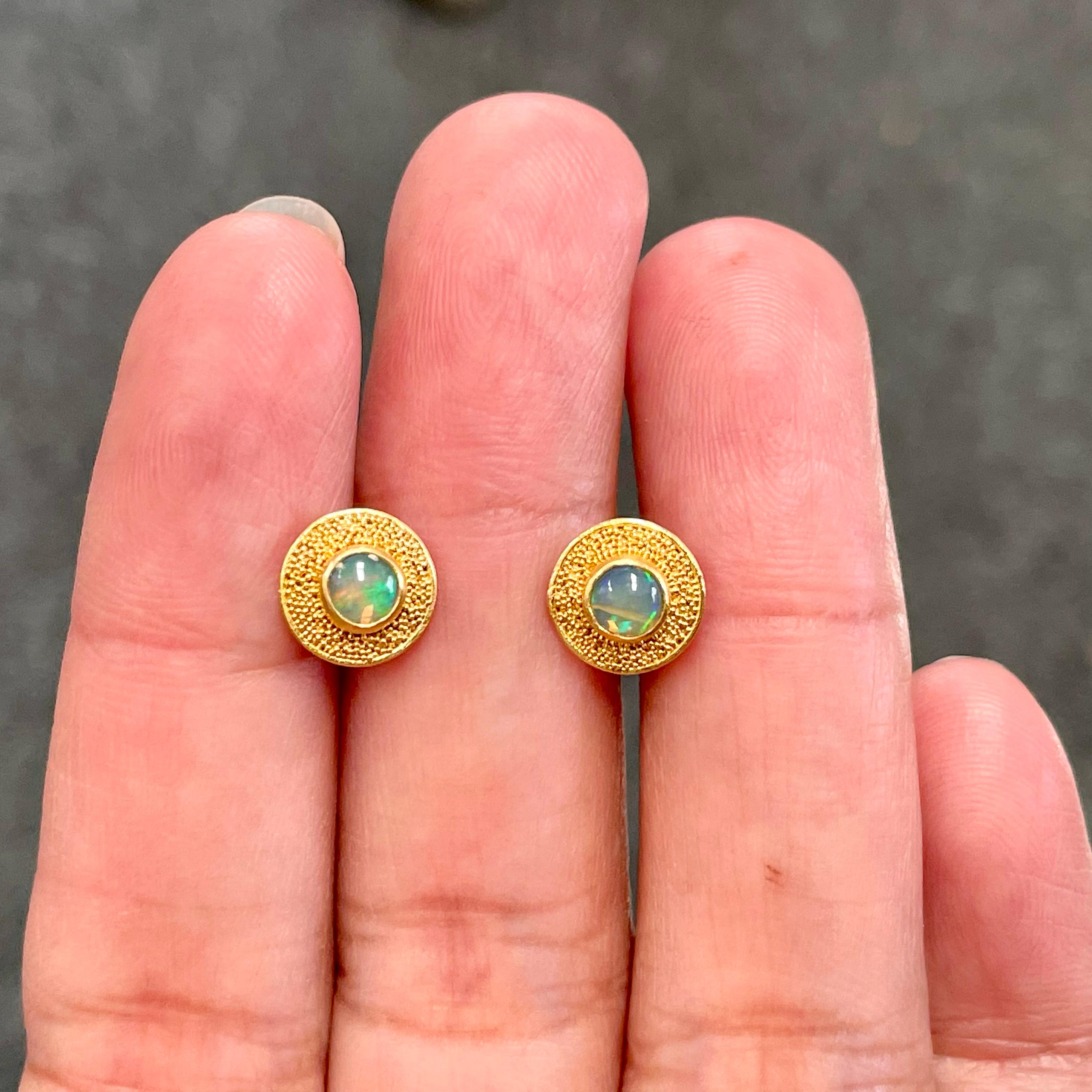 Cabochon Steven Battelle Ethiopian Opal 22K Gold Granulated Post Earrings