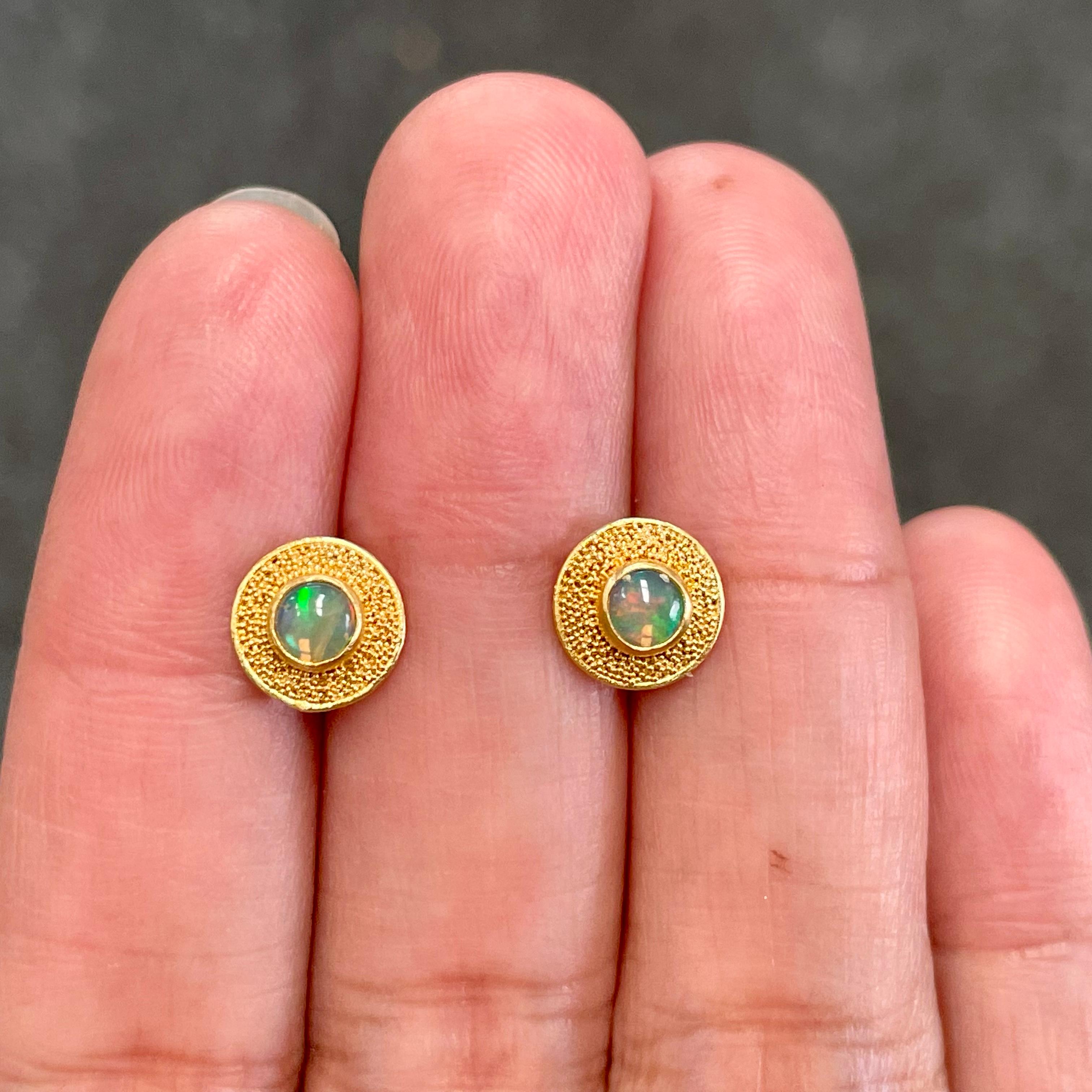 Steven Battelle Ethiopian Opal 22K Gold Granulated Post Earrings In New Condition In Soquel, CA