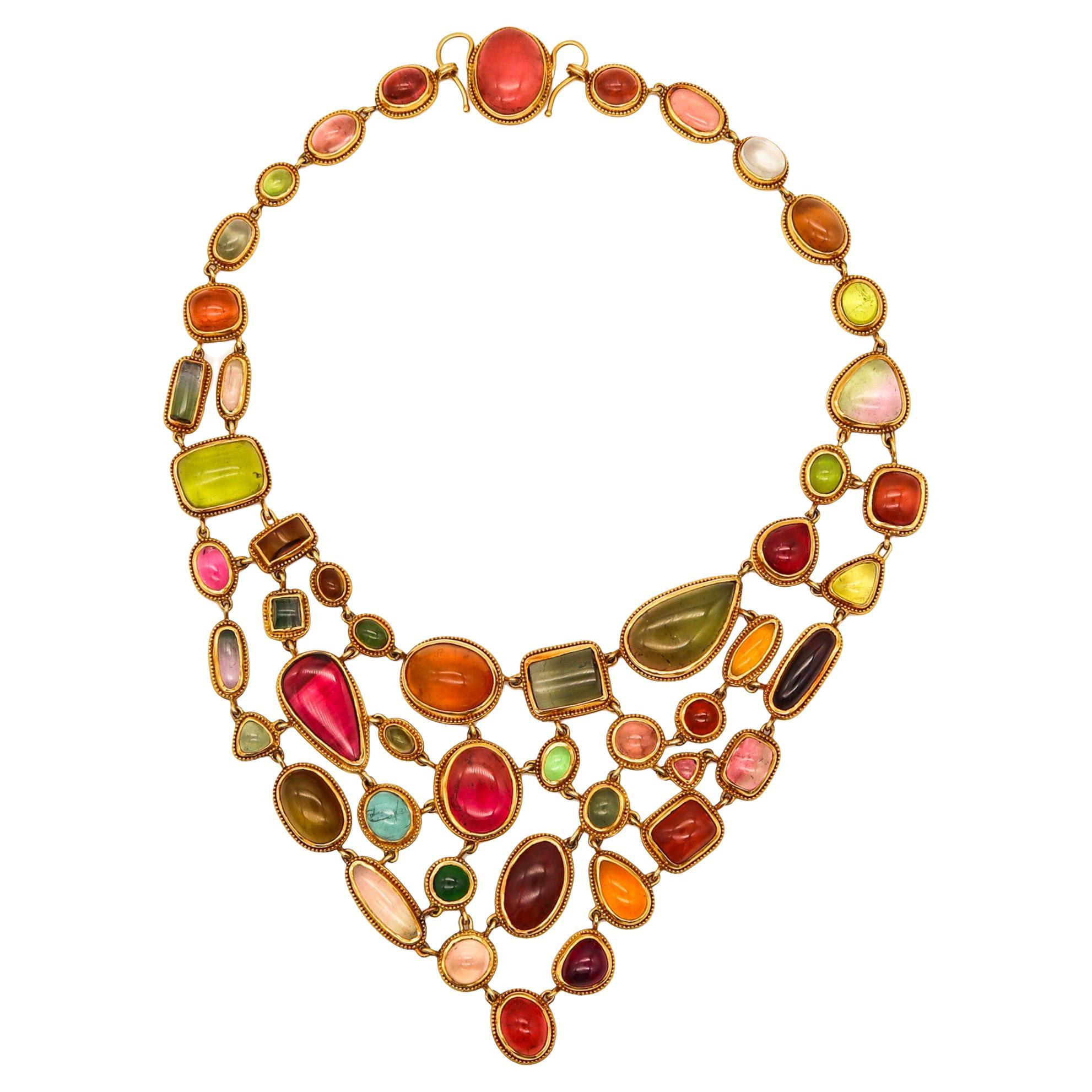 Steven Battelle Festoon Necklace In 18Kt Yellow Gold With Multicolor Tourmalines For Sale