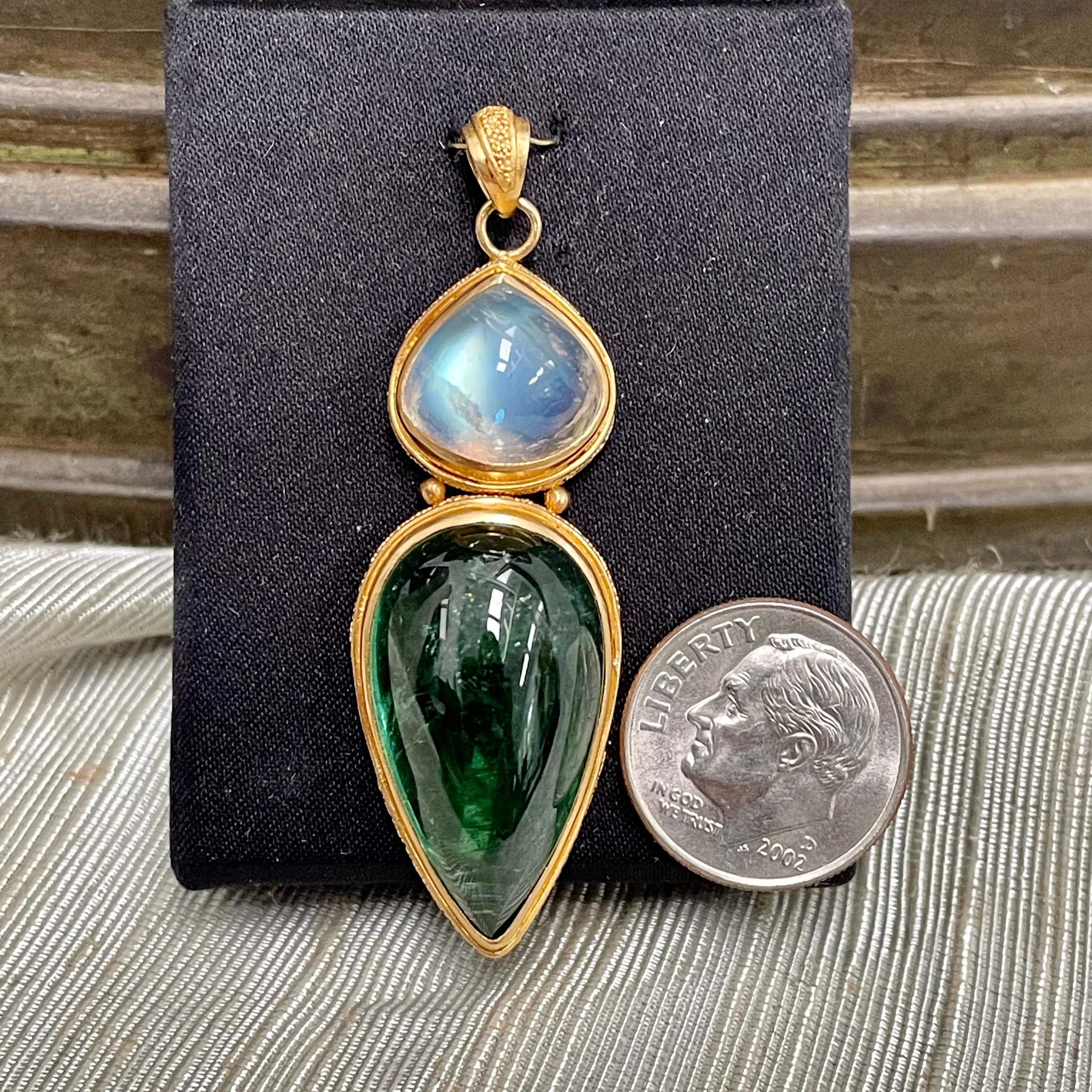 Steven Battelle Green Tourmaline Rainbow Moonstone Pendant 22k Gold For Sale 3