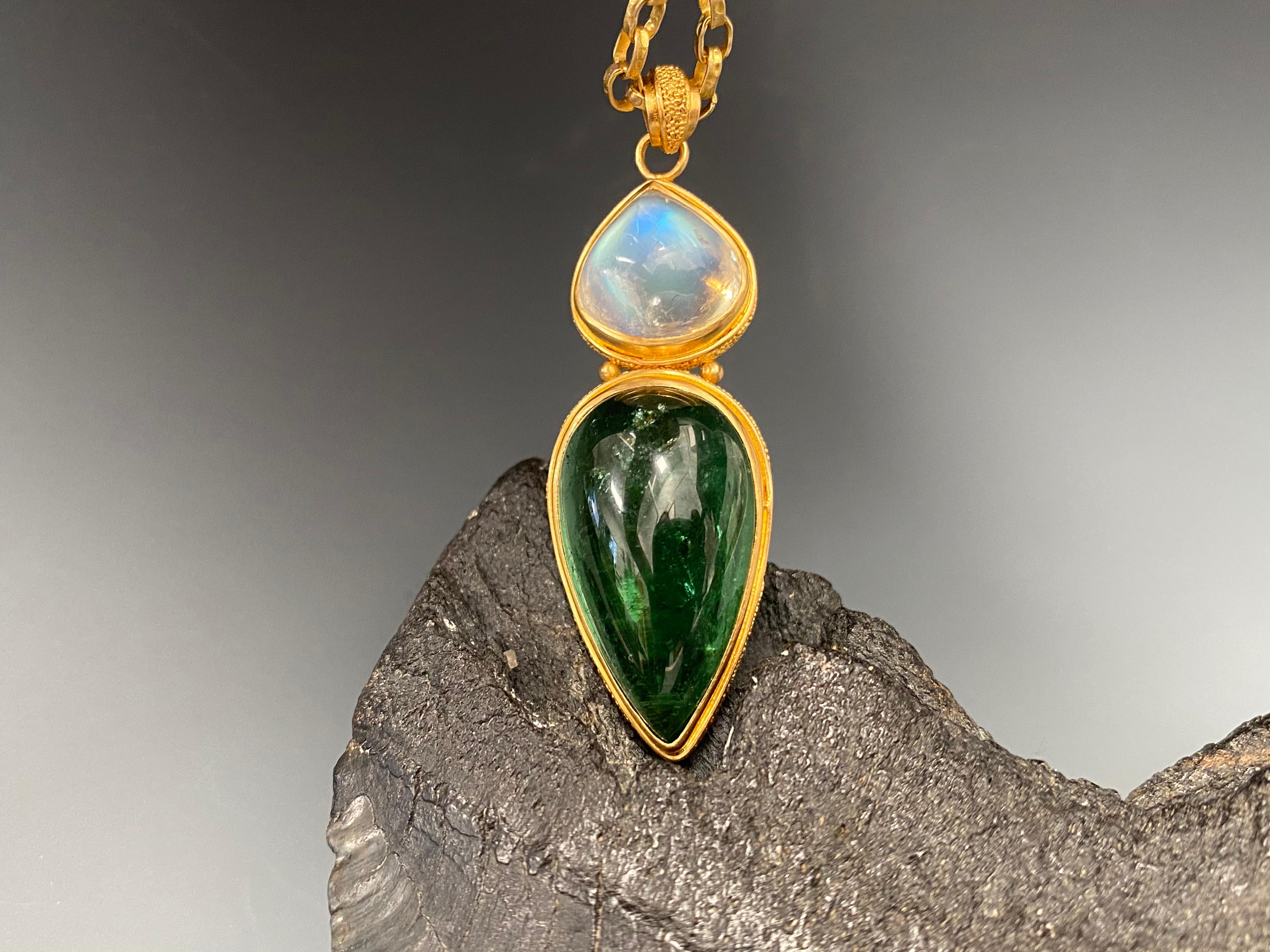 Pear Cut Steven Battelle Green Tourmaline Rainbow Moonstone Pendant 22k Gold For Sale