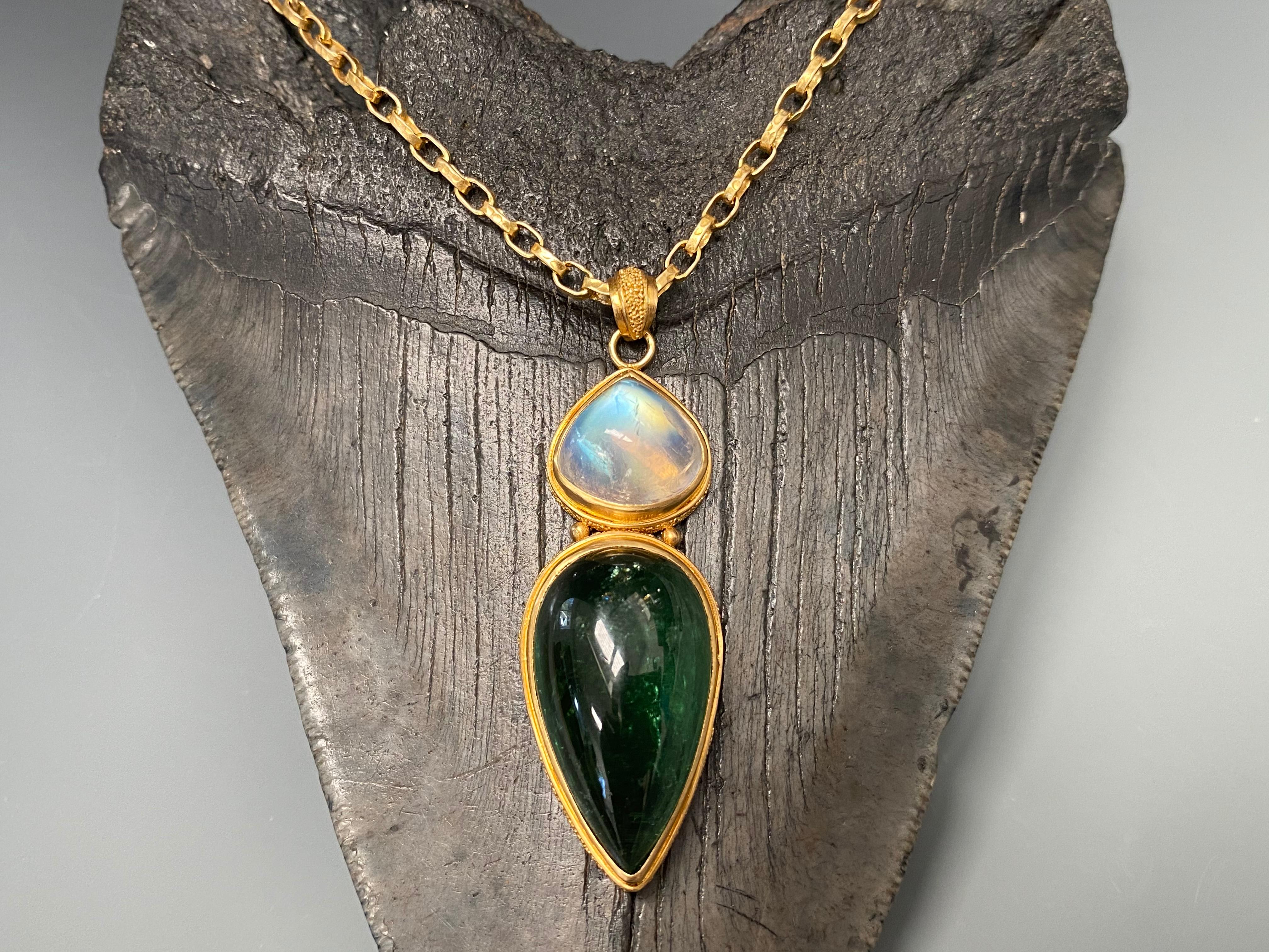 Steven Battelle Green Tourmaline Rainbow Moonstone Pendant 22k Gold For Sale 1