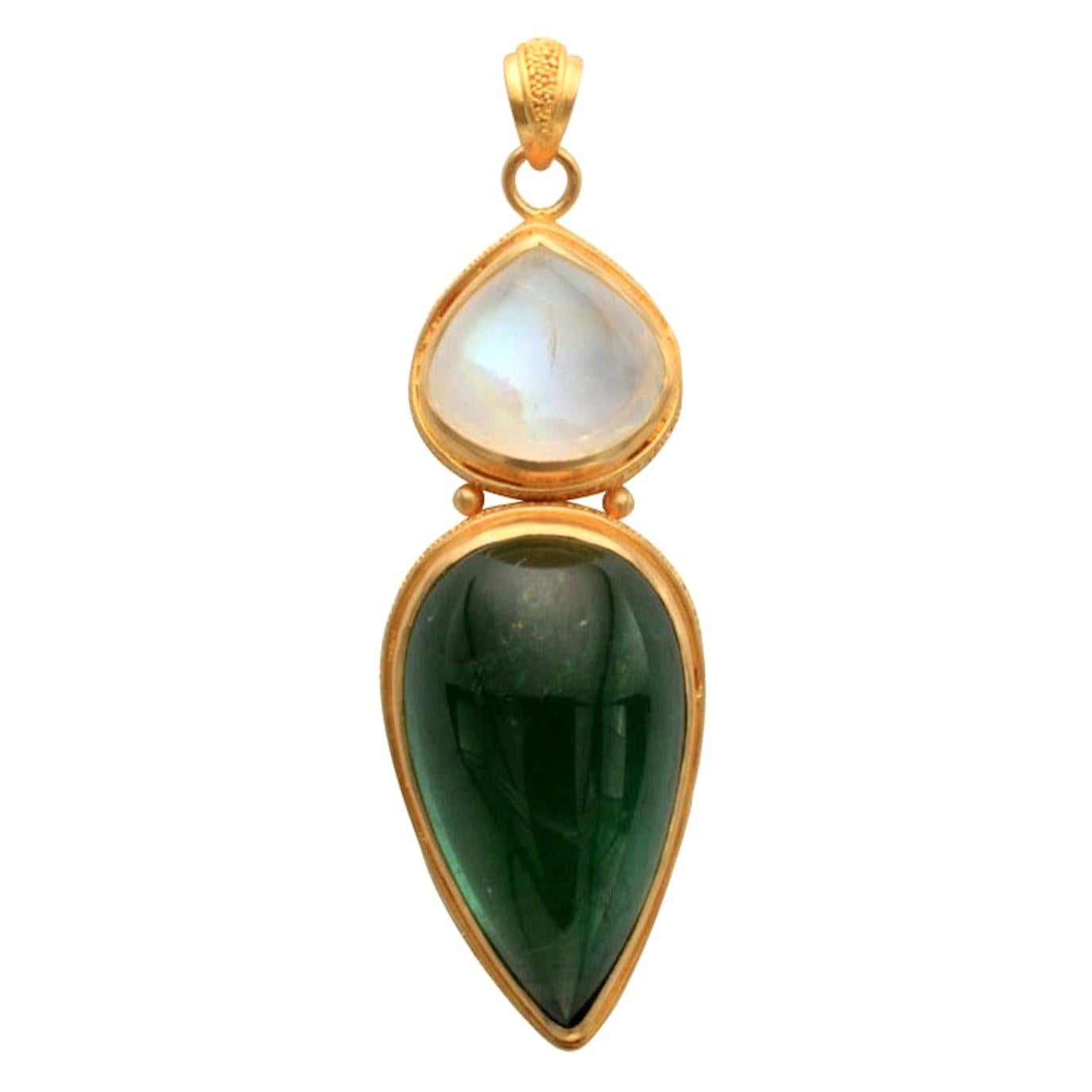 Steven Battelle Green Tourmaline Rainbow Moonstone Pendant 22k Gold For Sale