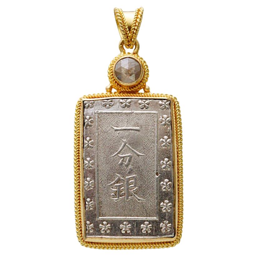 Japanese Samurai Coin Diamond Pendant 18K Gold