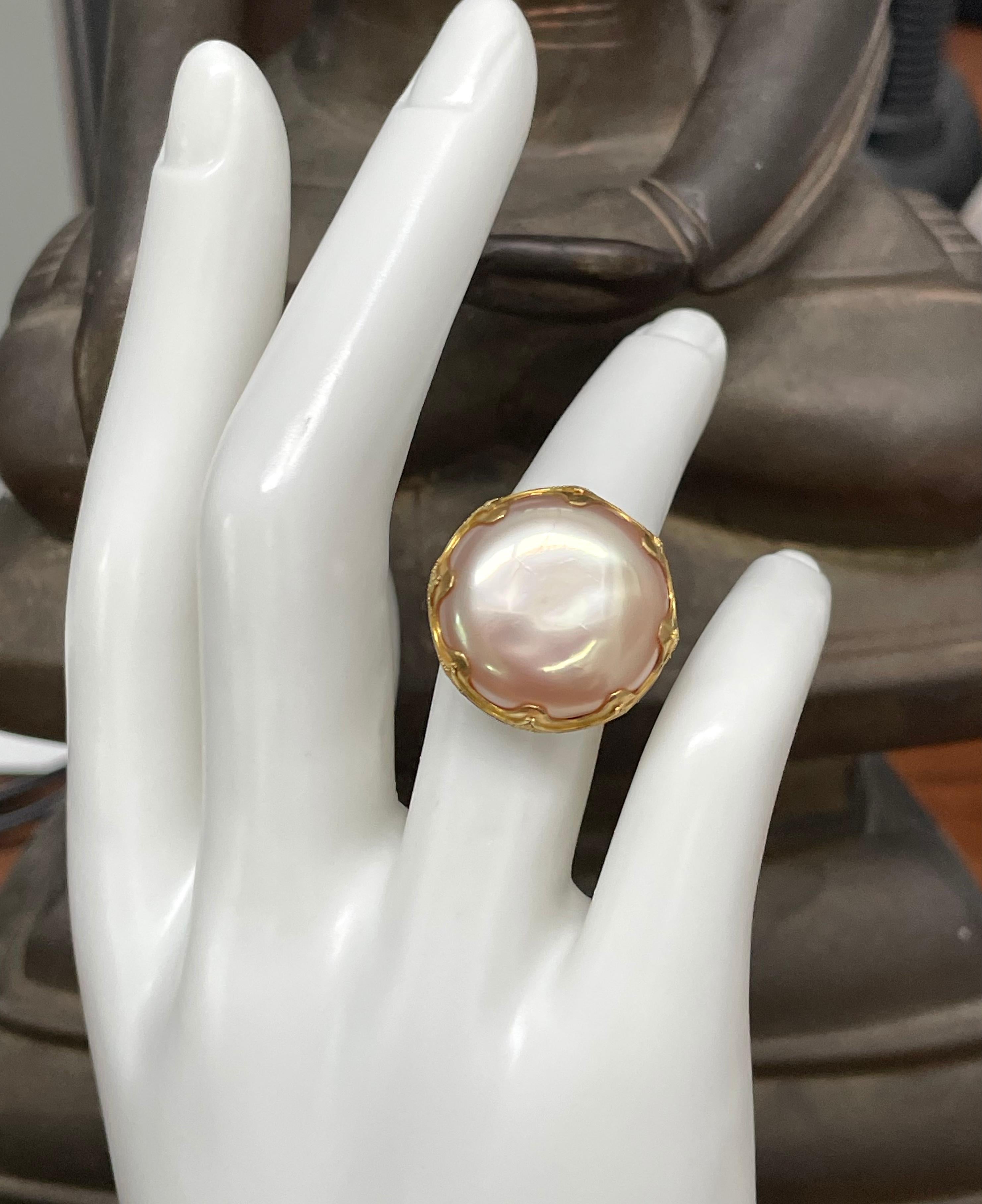 Steven Battelle Large Pink Pearl Silver/22K Gold Ring For Sale 7