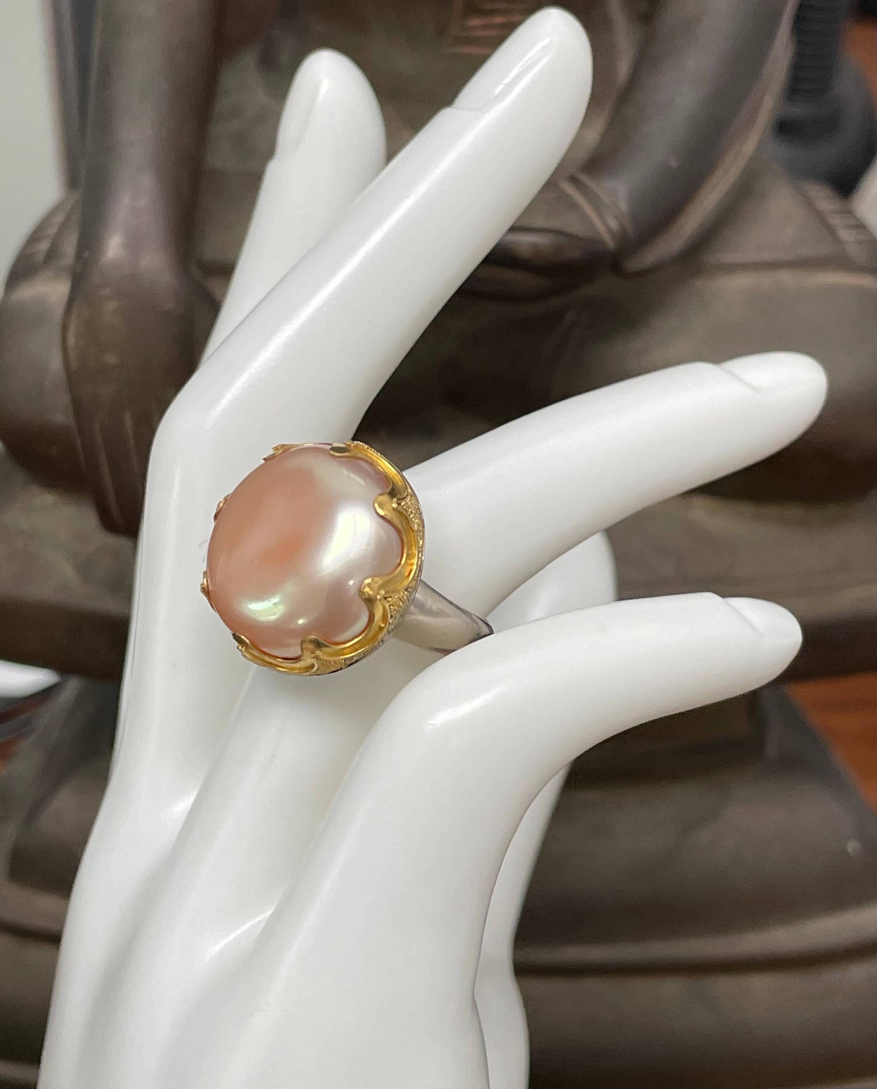 Steven Battelle Large Pink Pearl Silver/22K Gold Ring For Sale 5