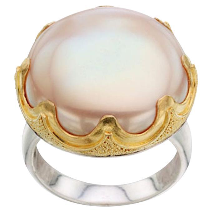 Steven Battelle Large Pink Pearl Silver/22K Gold Ring For Sale