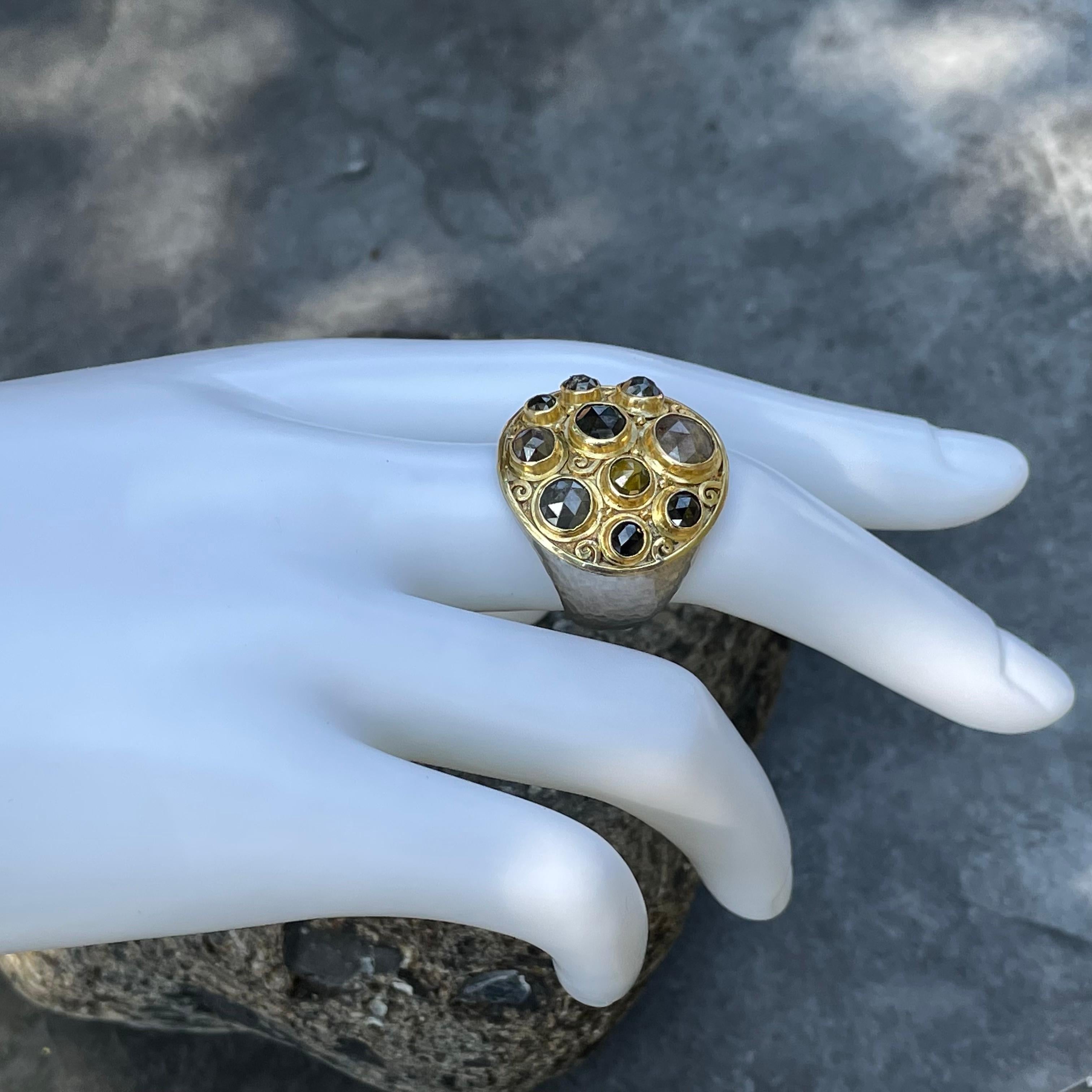 Steven Battelle Anello con diamanti grezzi taglio rosa multipli in oro e argento 18 carati in vendita 4
