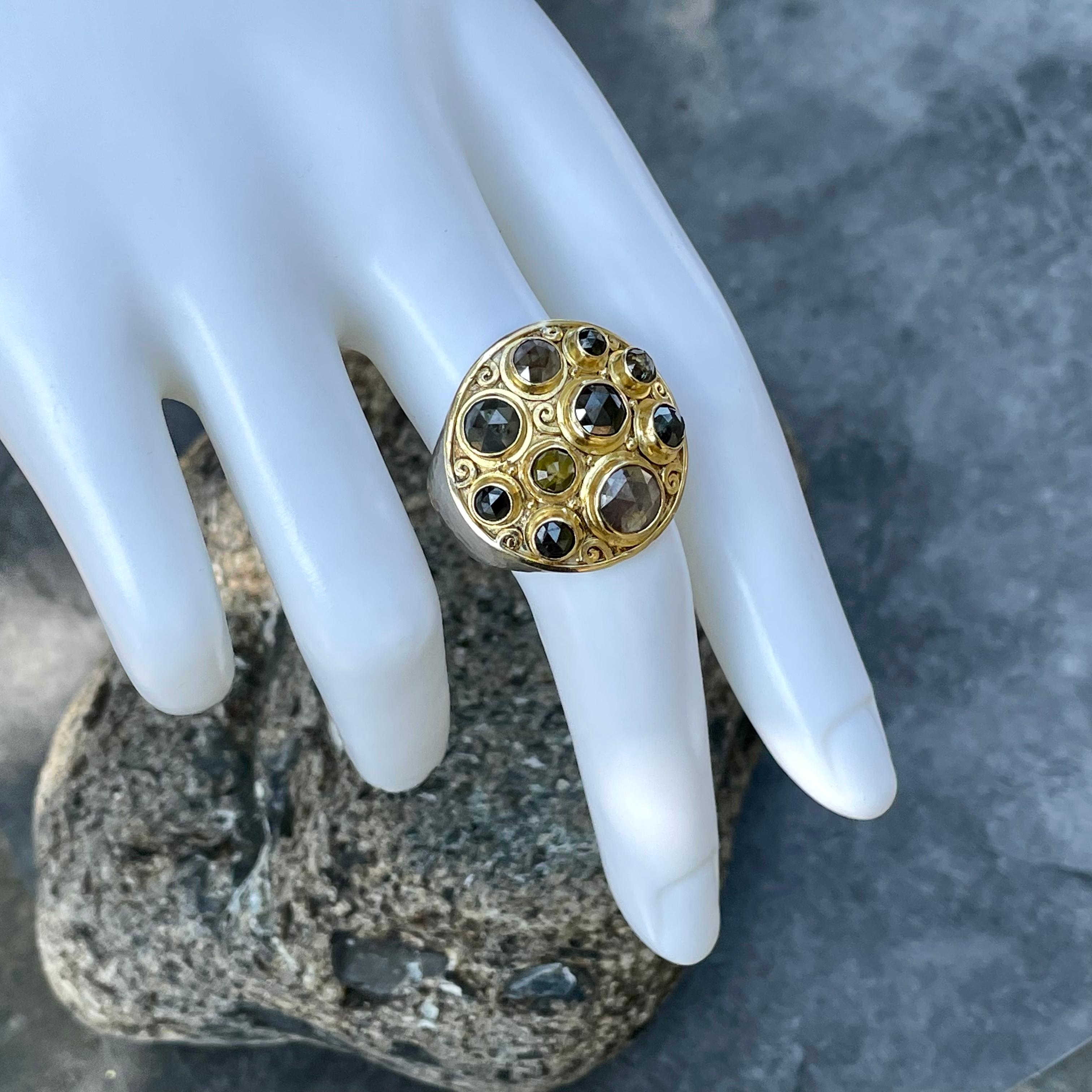 Steven Battelle Anello con diamanti grezzi taglio rosa multipli in oro e argento 18 carati in vendita 5