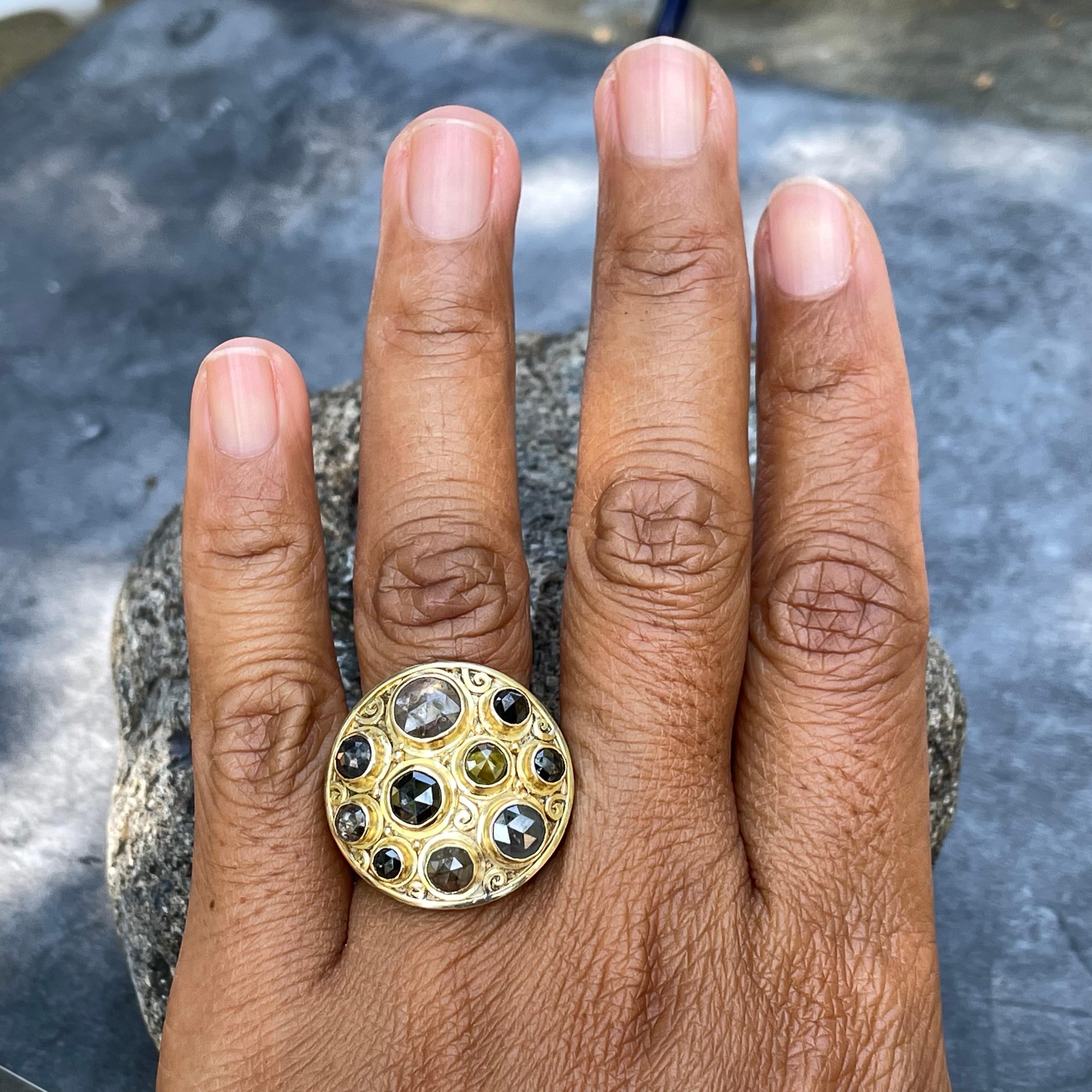 Steven Battelle Anello con diamanti grezzi taglio rosa multipli in oro e argento 18 carati in vendita 6