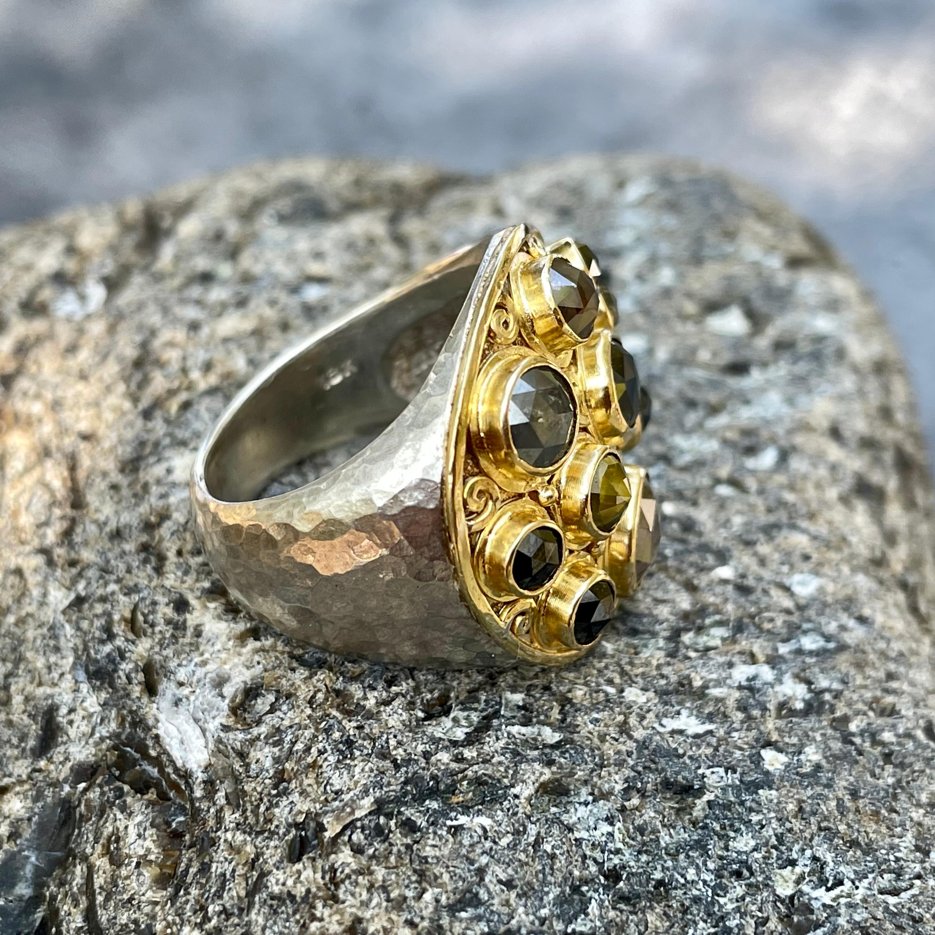 Steven Battelle Multiple Rose Cut Rough Diamonds 18K Gold and Silver Ring For Sale 3