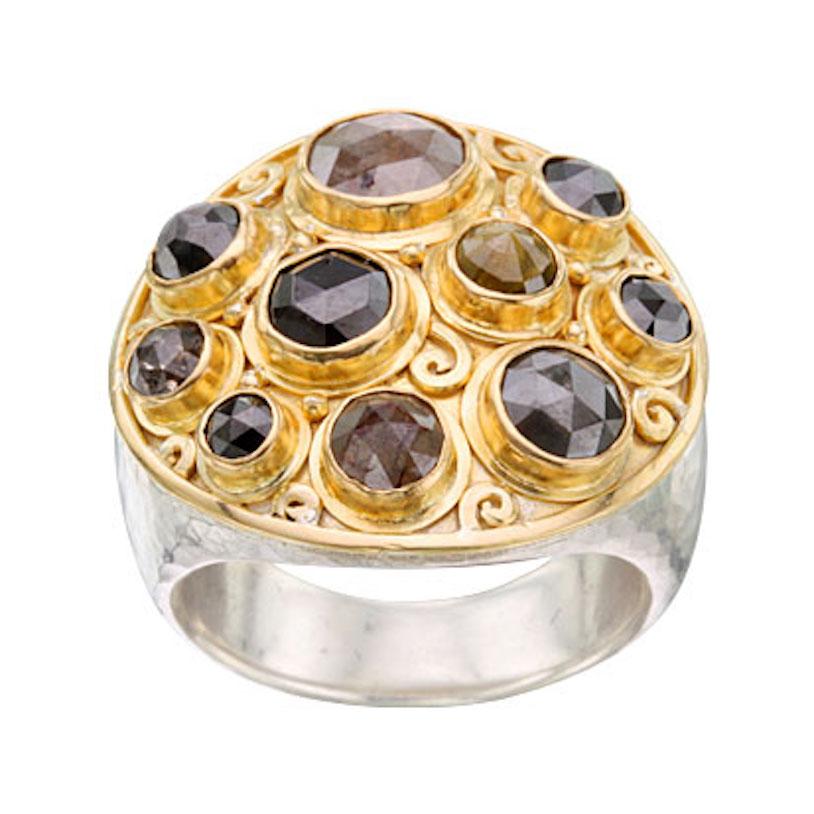 Steven Battelle Anello con diamanti grezzi taglio rosa multipli in oro e argento 18 carati in vendita