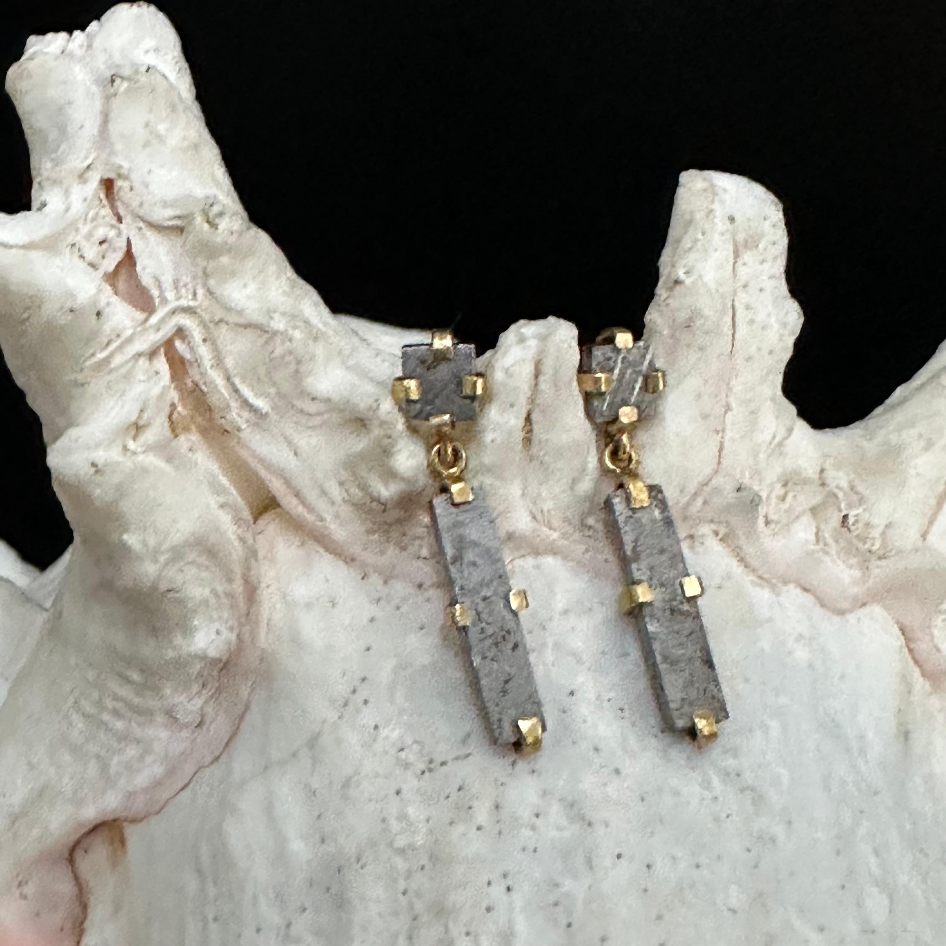 Women's or Men's Steven Battelle Namibia Gibeon Meteorite 18K Gold Post Earrings For Sale
