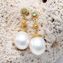 Steven Battelle Pearl Tsavorite 22K Gold Post Earrings