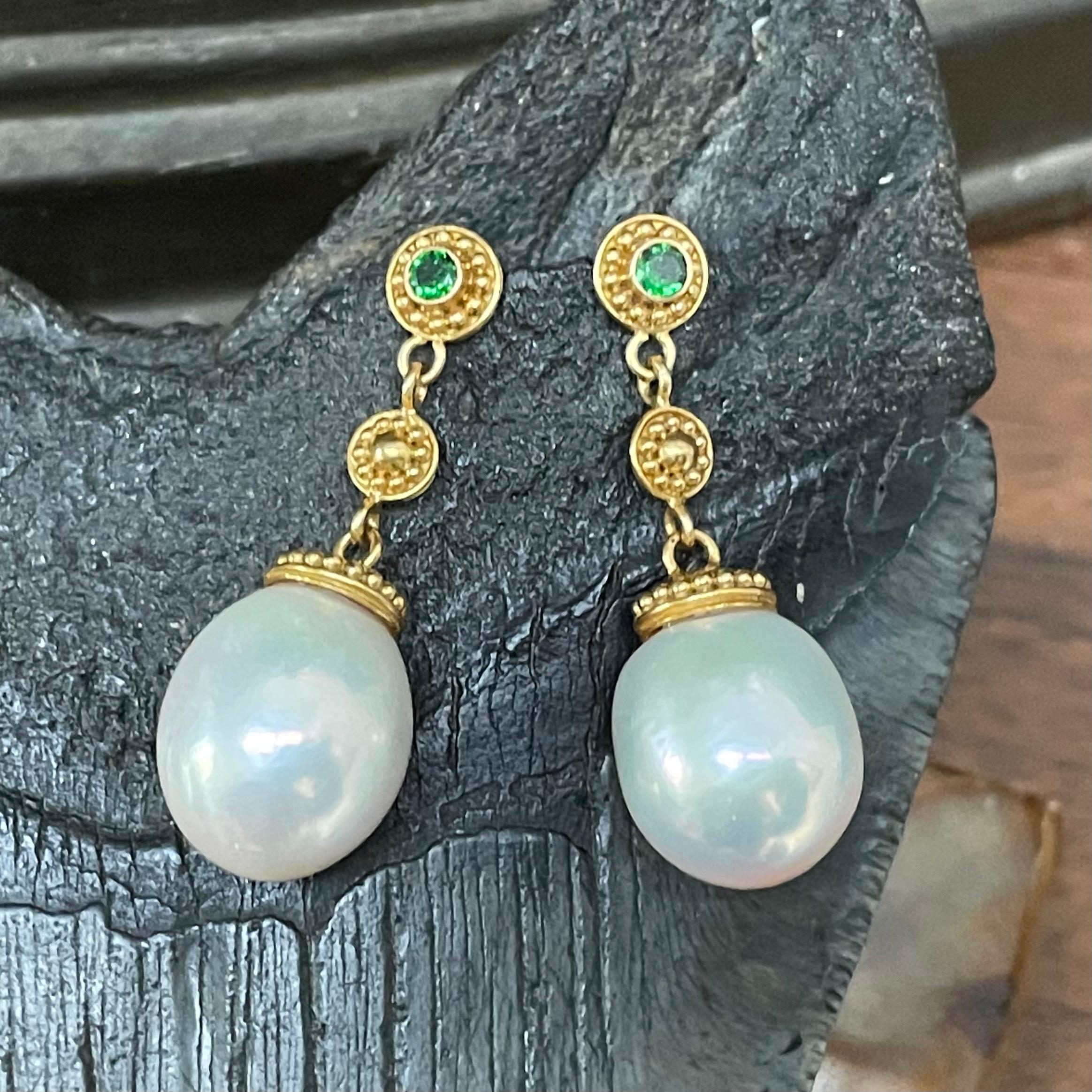 Contemporary Steven Battelle Pearl Tsavorite 22K Gold Post Earrings For Sale