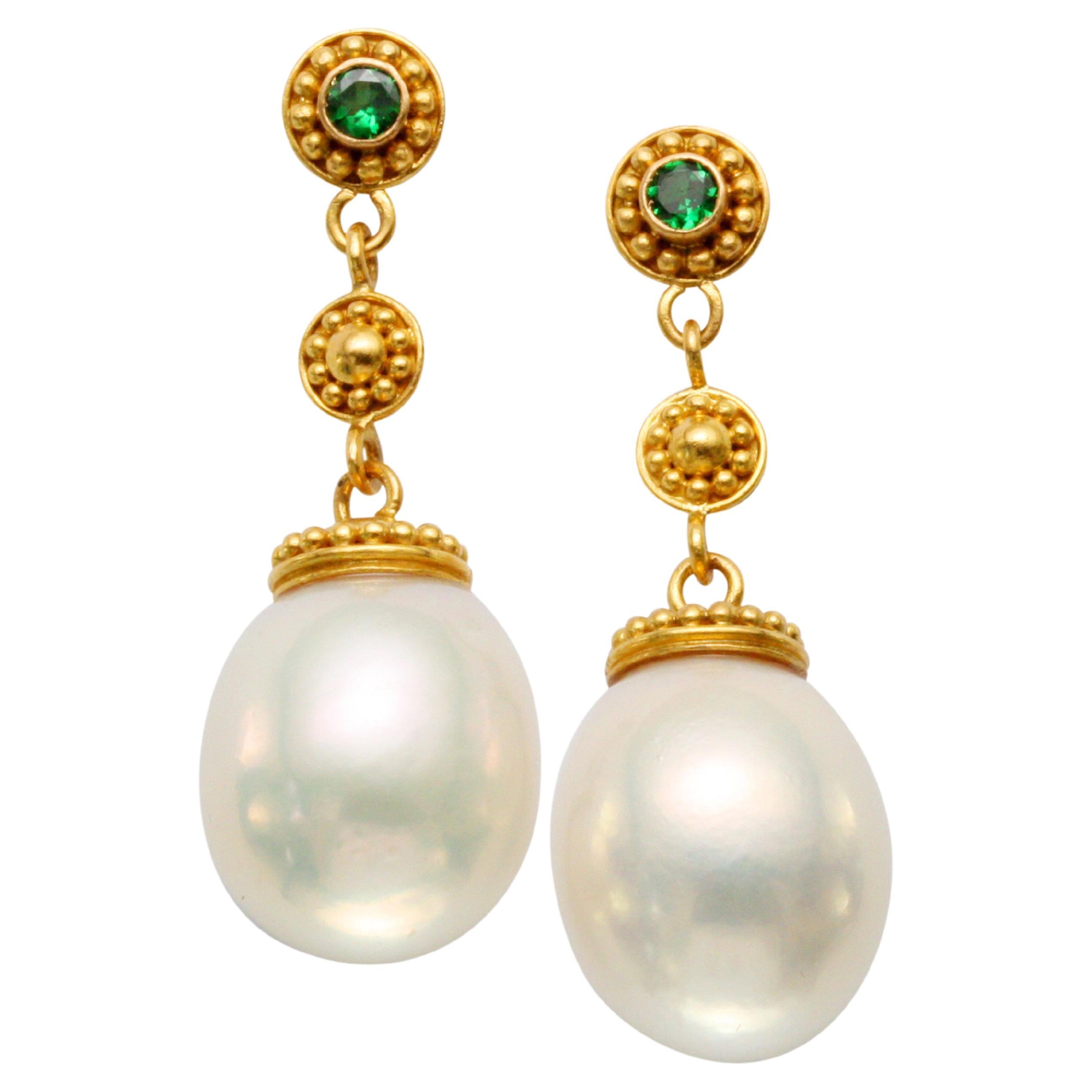 Steven Battelle Pearl Tsavorite 22K Gold Post Earrings