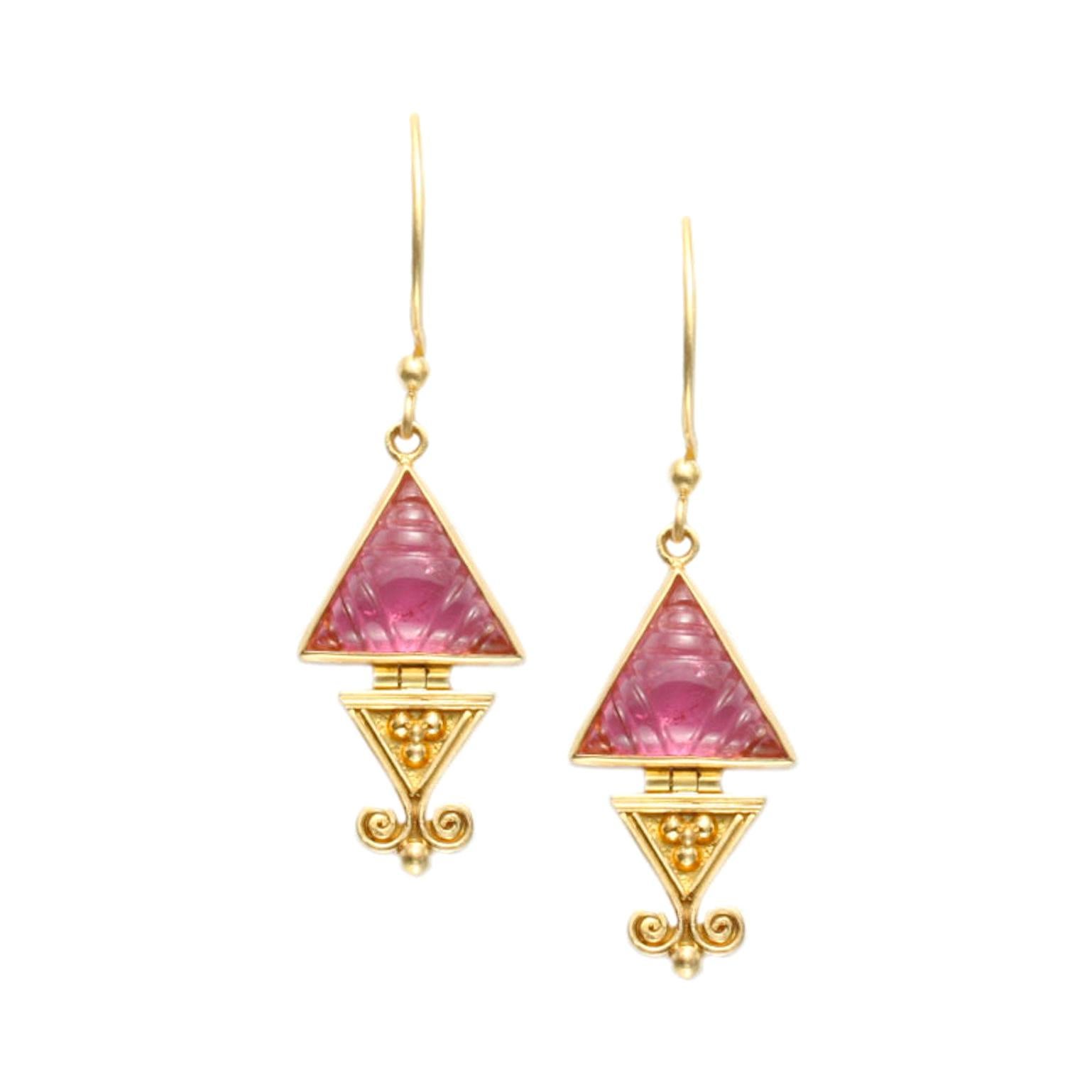 Steven Battelle 4.9 Carats Pink Tourmaline Triangle Drop Earrings 18K Gold For Sale