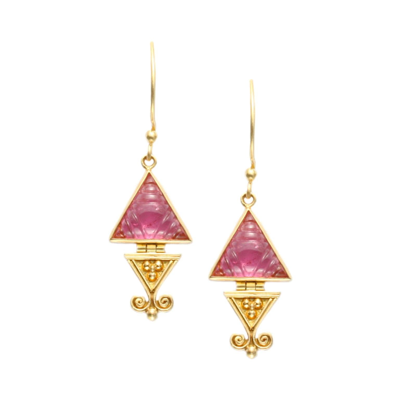 Steven Battelle 4.9 Carats Pink Tourmaline Triangle Drop Earrings 22K Gold