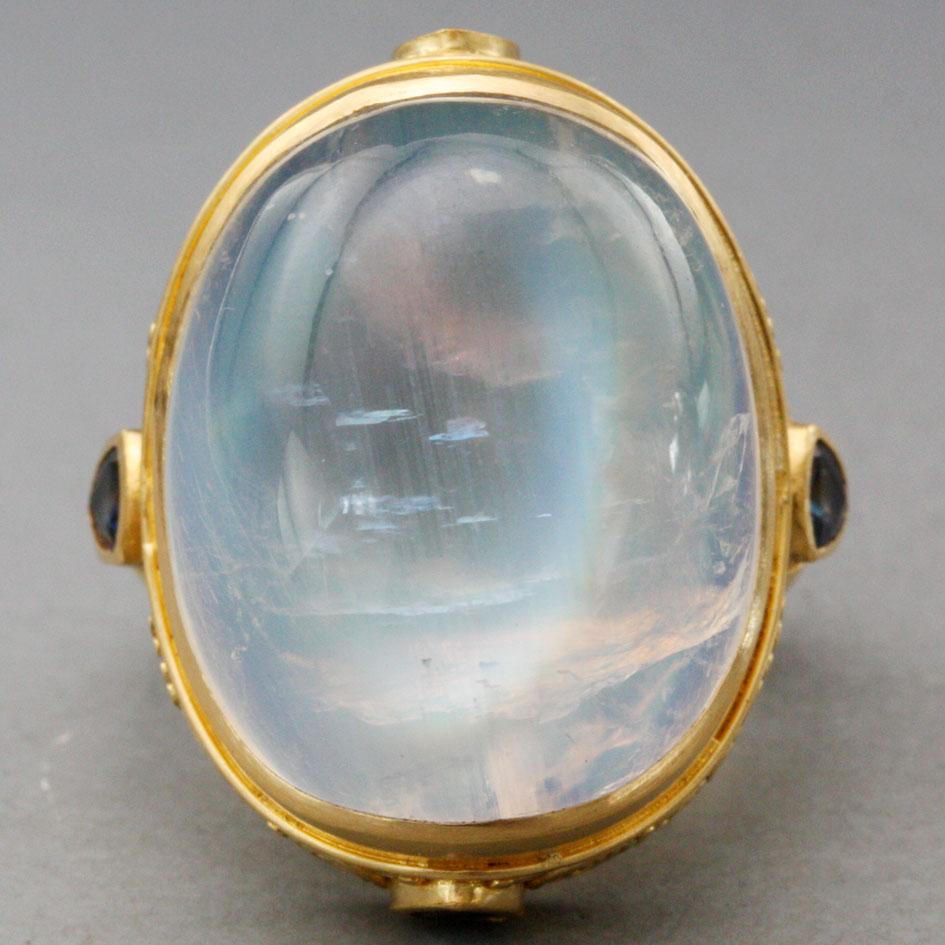 Steven Battelle 42.5 Carats Rainbow Moonstone Blue Sapphire Ring 18k Gold For Sale 2