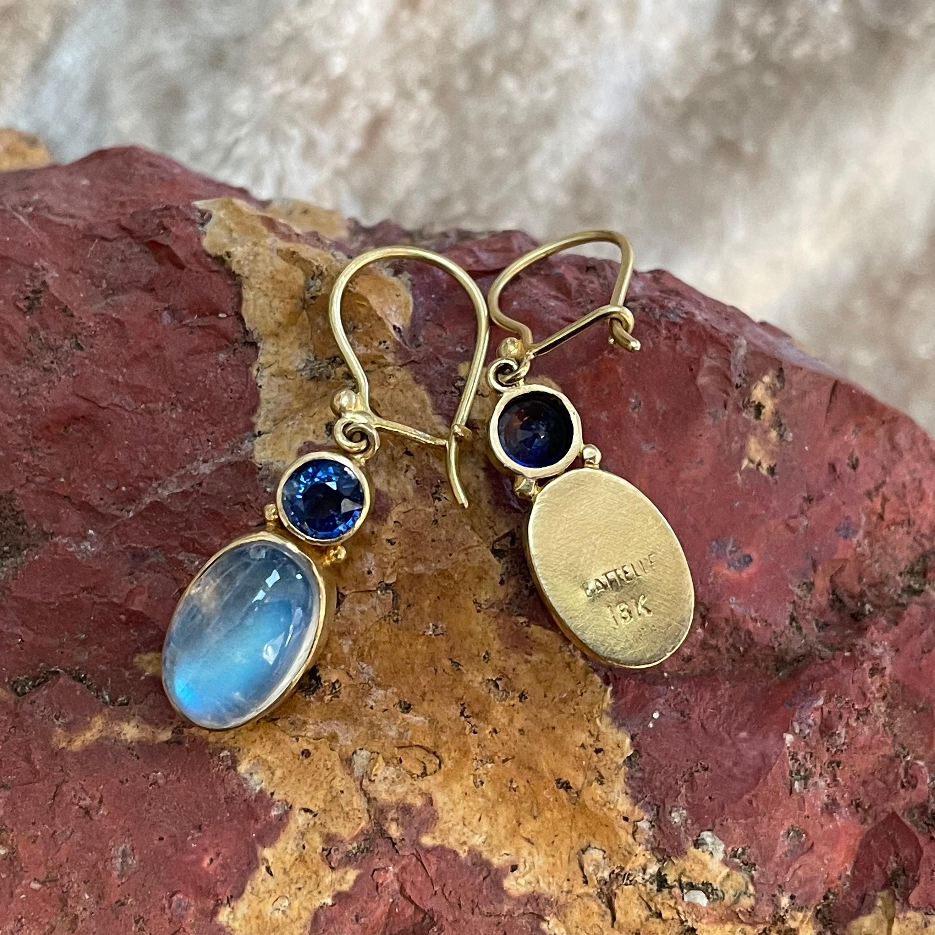 Cabochon Steven Battelle Rainbow Moonstone Kyanite 18K Gold Wire Dangle Earrings For Sale