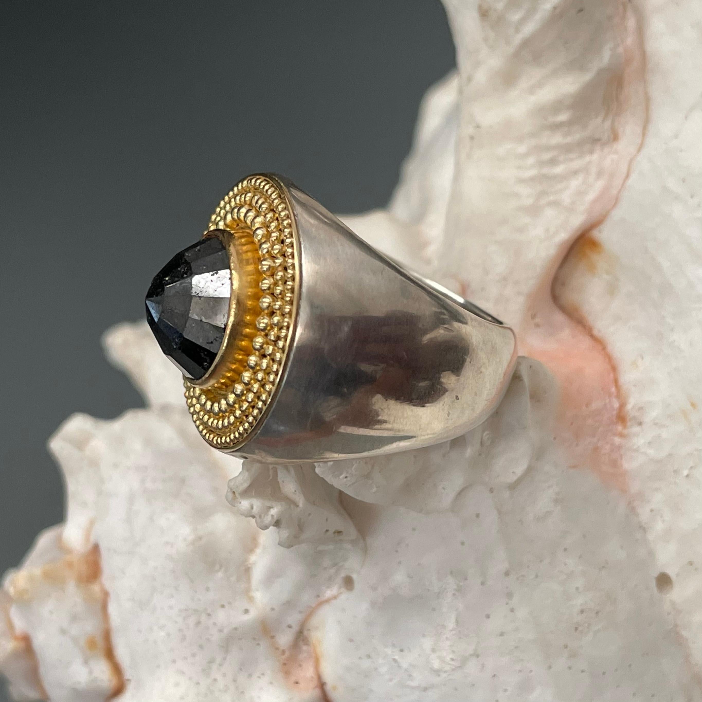 Steven Battelle Rose Cut 7.3 Carat Black Diamond Granulated Silver Gold Ring For Sale 5