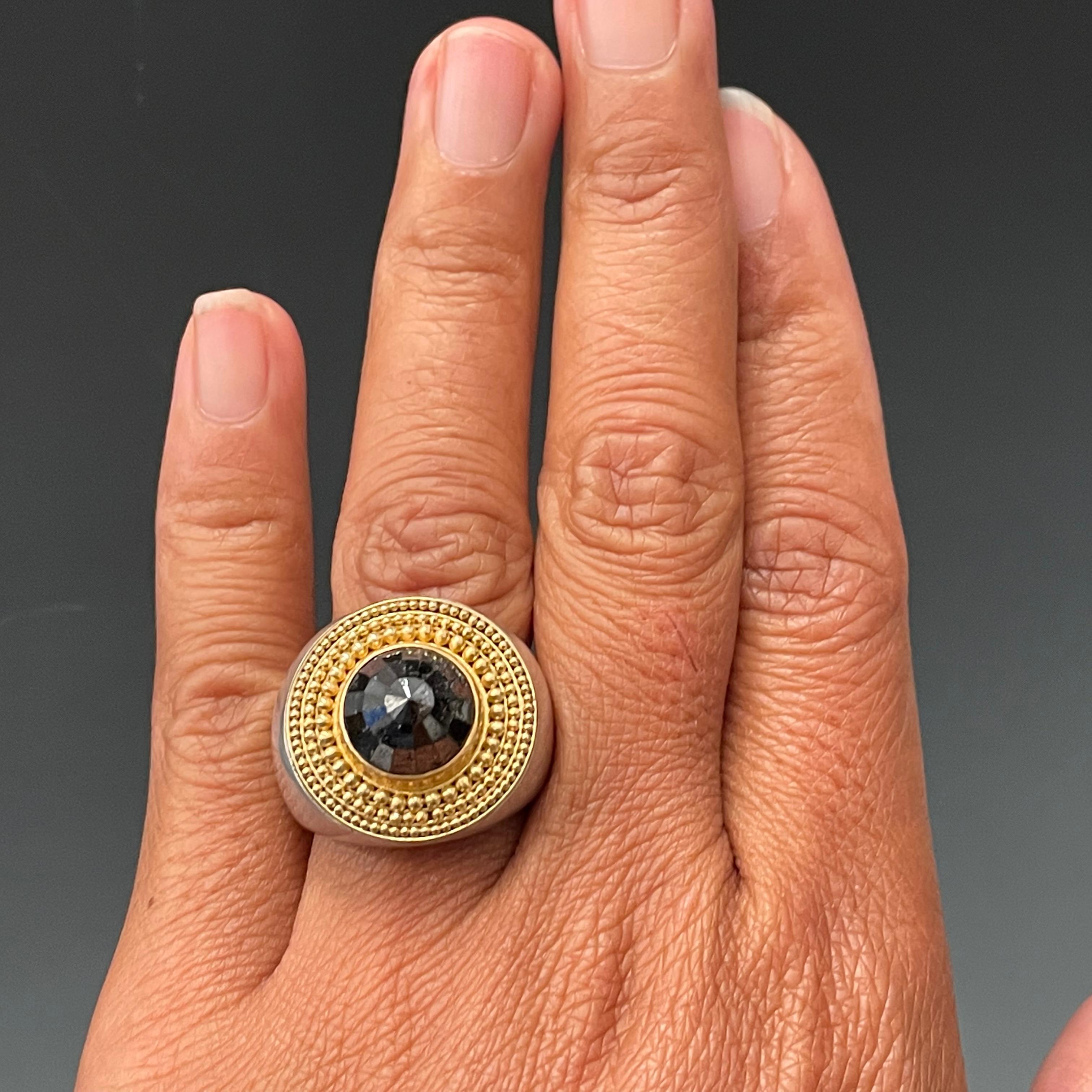 Steven Battelle Rose Cut 7.3 Carat Black Diamond Granulated Silver Gold Ring For Sale 7