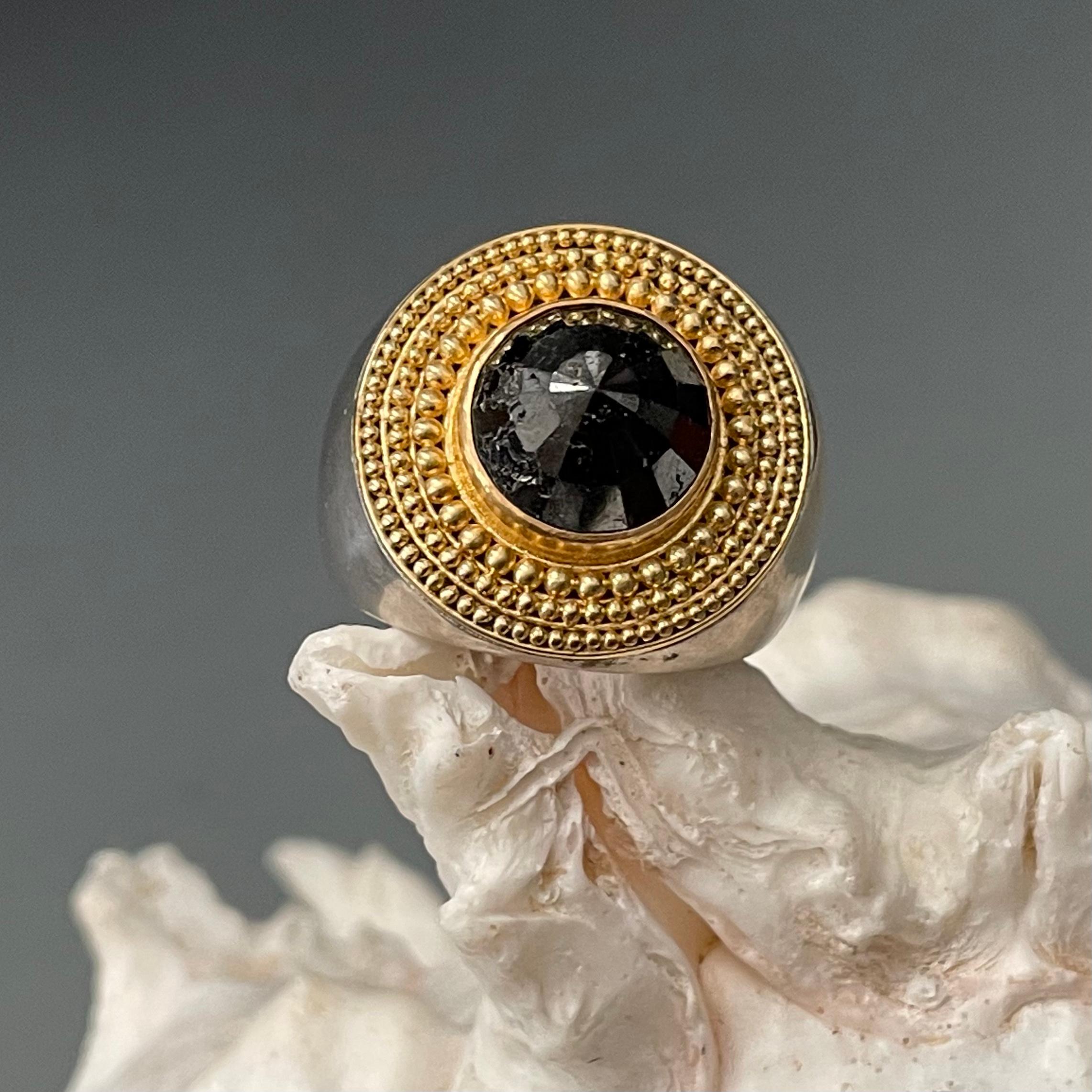 Modern Steven Battelle Rose Cut 7.3 Carat Black Diamond Granulated Silver Gold Ring For Sale