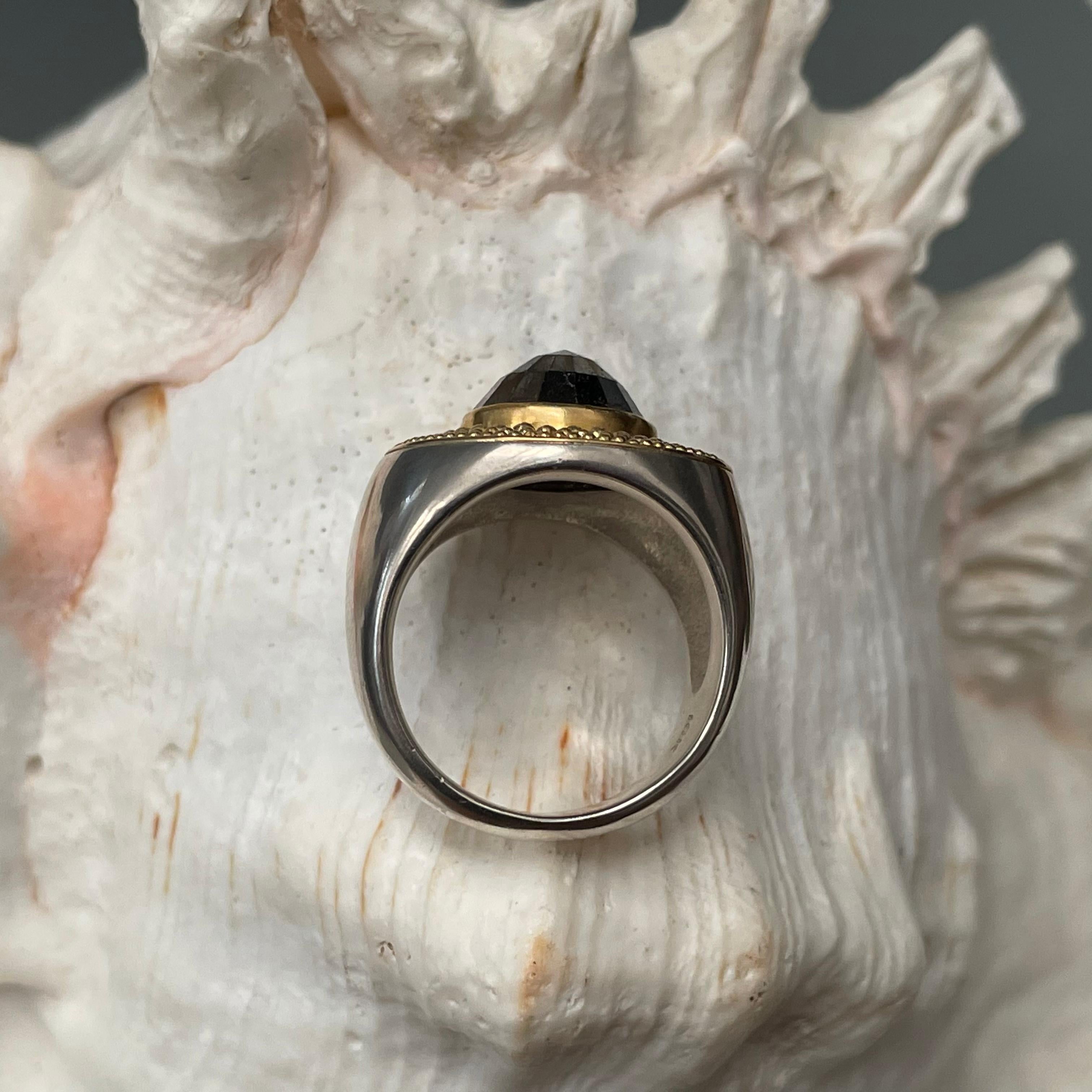 Steven Battelle Rose Cut 7.3 Carat Black Diamond Granulated Silver Gold Ring In New Condition For Sale In Soquel, CA