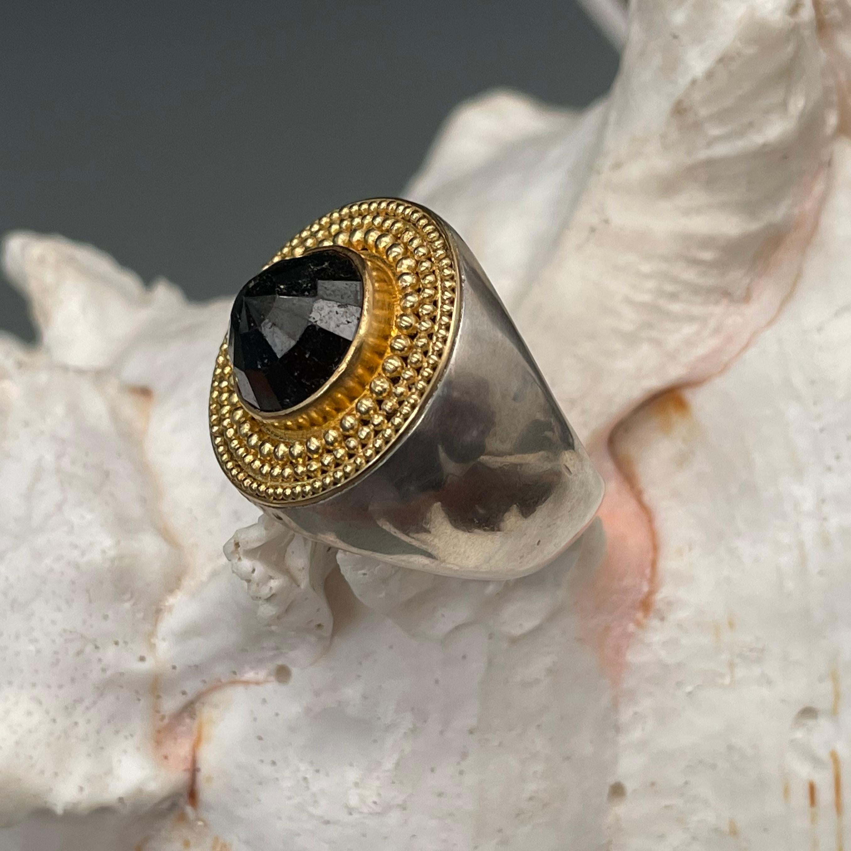 Women's or Men's Steven Battelle Rose Cut 7.3 Carat Black Diamond Granulated Silver Gold Ring For Sale