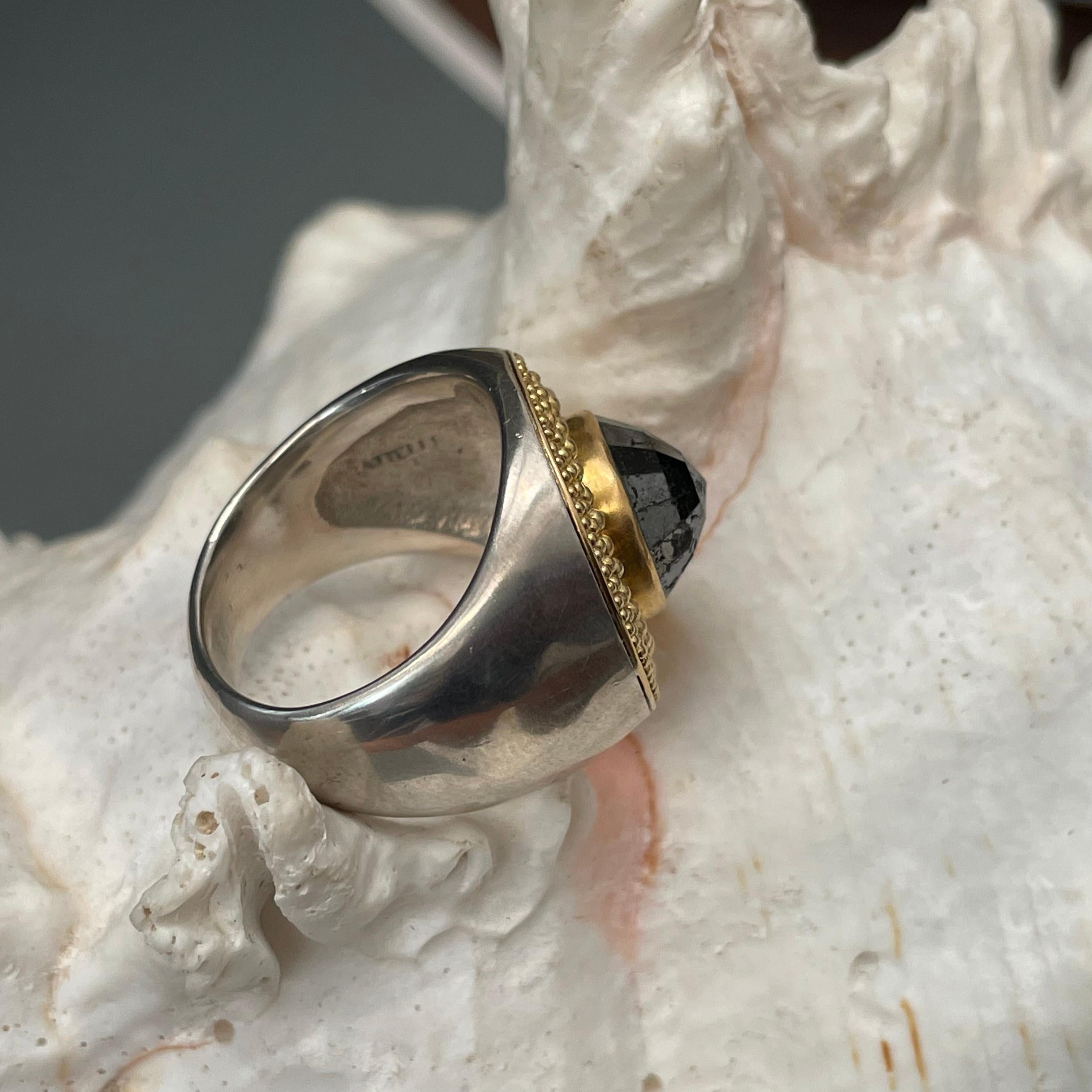 Steven Battelle Rose Cut 7.3 Carat Black Diamond Granulated Silver Gold Ring For Sale 2