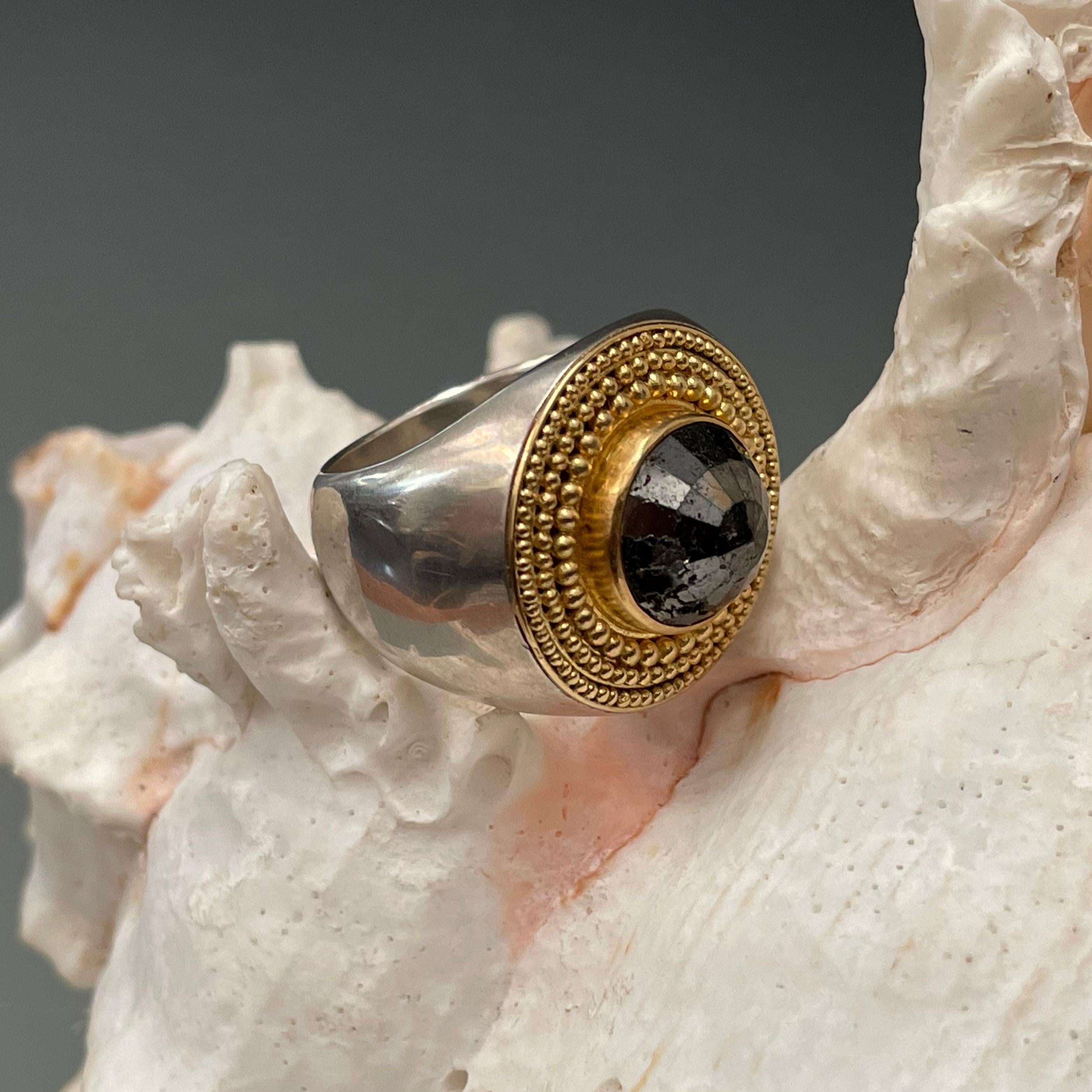 Steven Battelle Rose Cut 7.3 Carat Black Diamond Granulated Silver Gold Ring For Sale 3