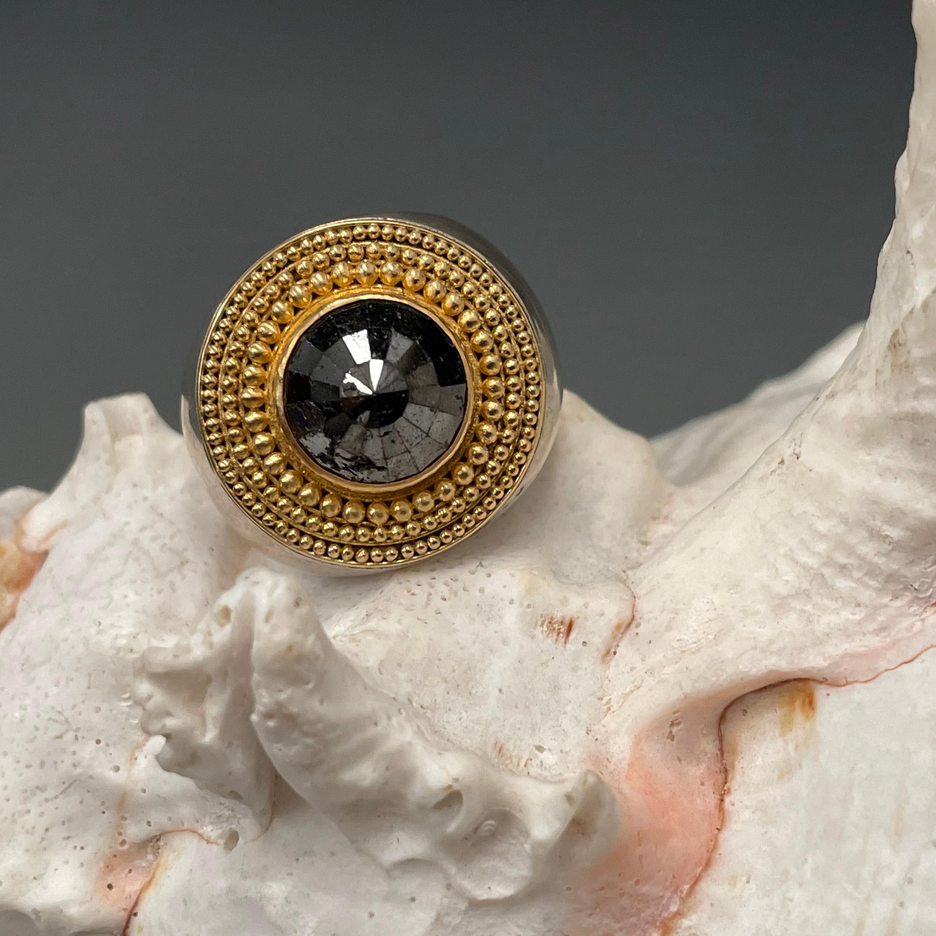Steven Battelle Rose Cut 7.3 Carat Black Diamond Granulated Silver Gold Ring For Sale 4