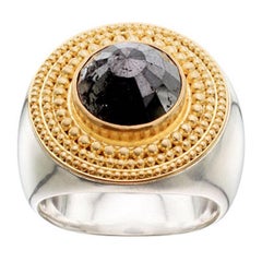 Steven Battelle Rose Cut 7.3 Carat Black Diamond Granulated Silver Gold Ring