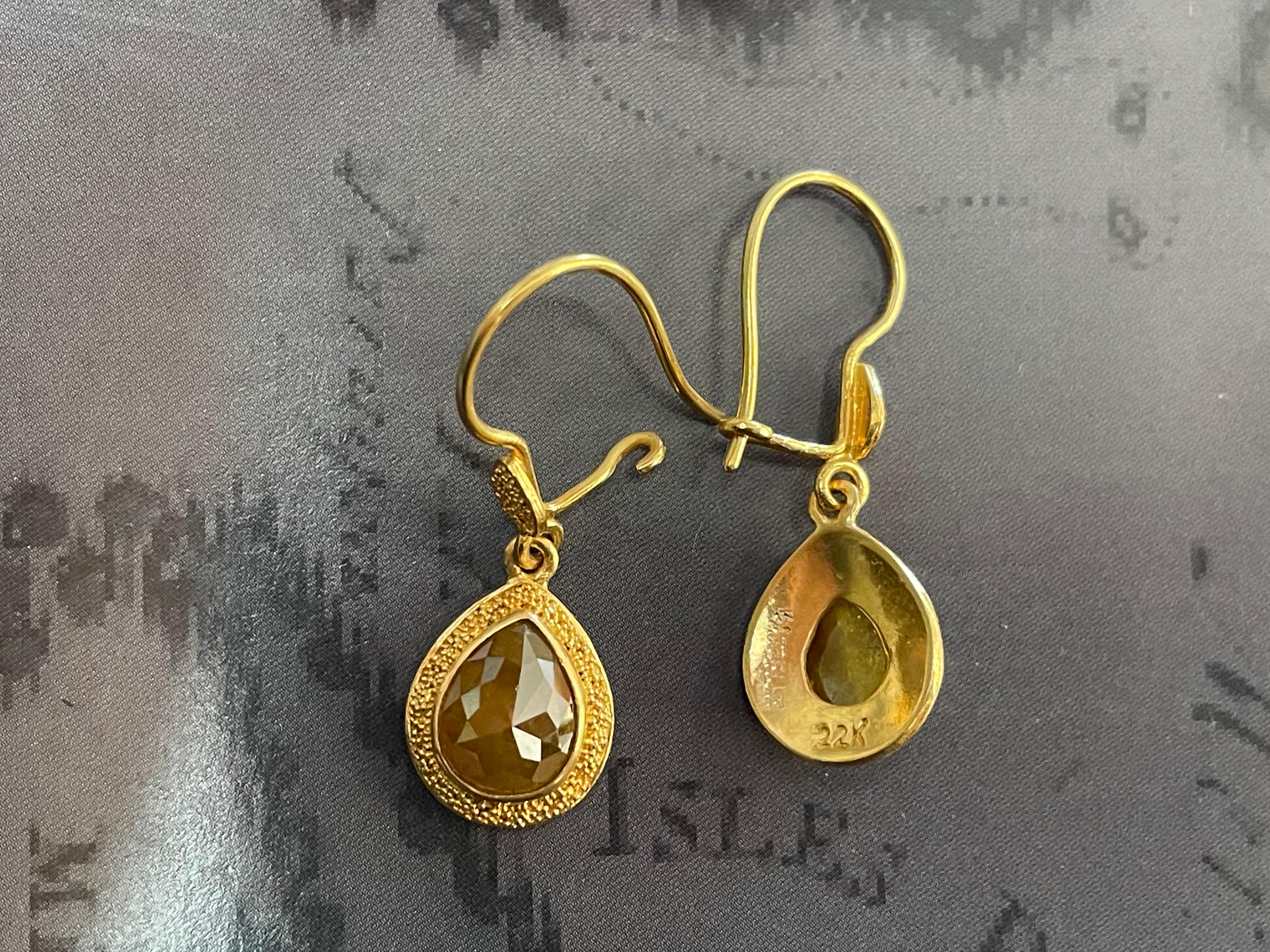 Steven Battelle Rose Cut Colored Diamond Drop Earrings 22K Gold In New Condition For Sale In Soquel, CA