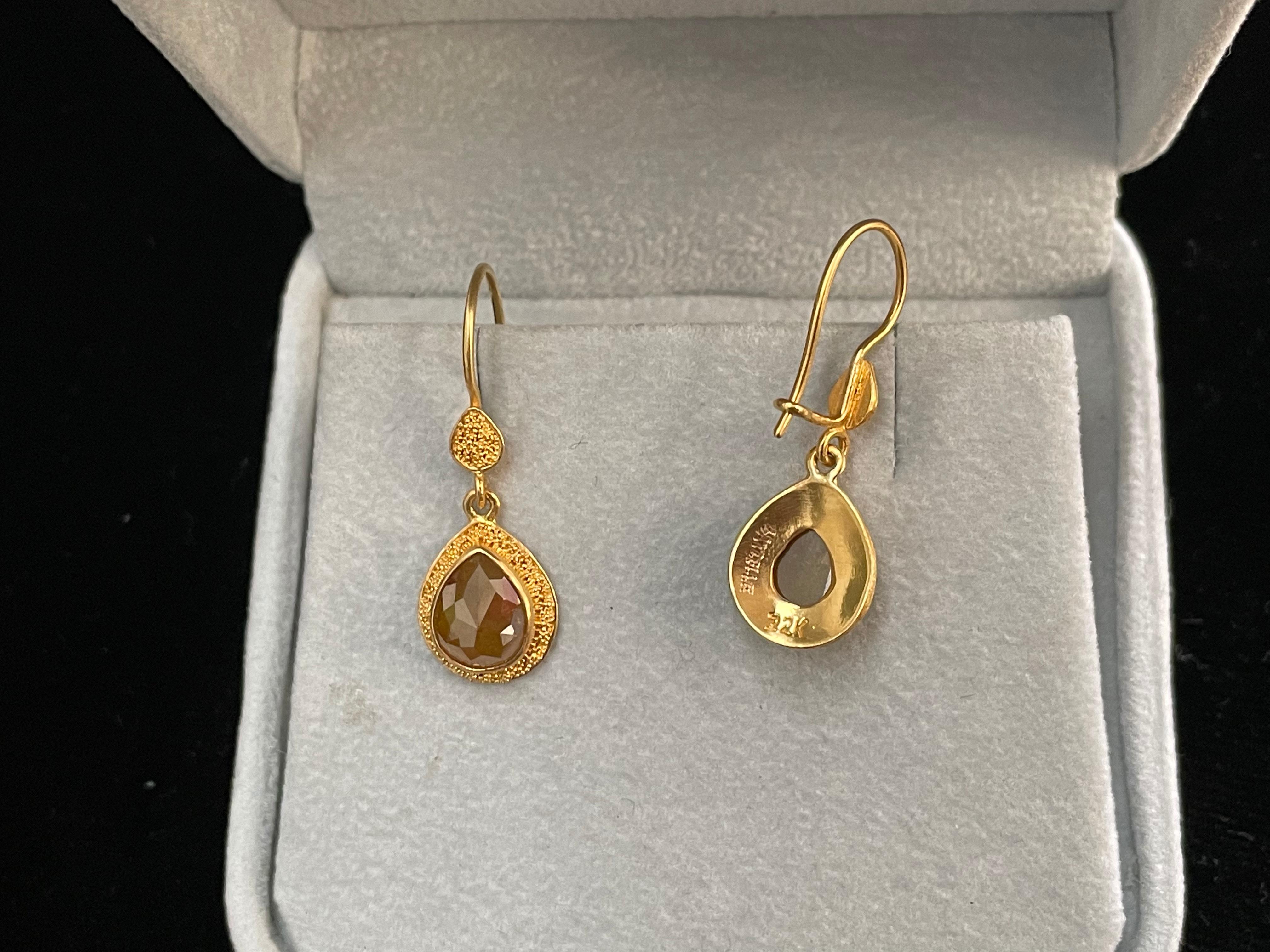 Steven Battelle Rose Cut Colored Diamond Drop Earrings 22K Gold For Sale 1