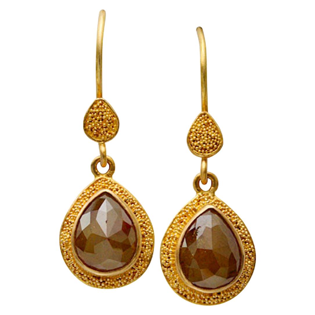 Steven Battelle Rose Cut Colored Diamond Drop Earrings 22K Gold For Sale