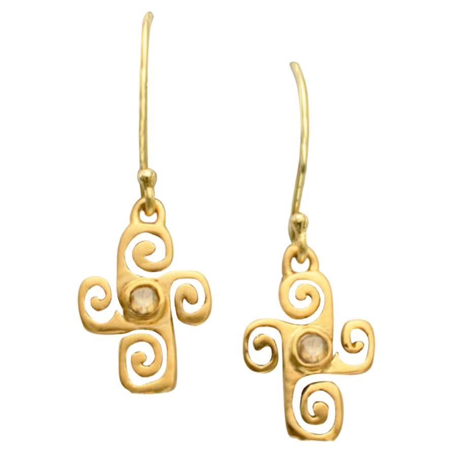 Steven Battelle Rose Cut Diamond 18K Gold Spiral Cross Wire Earrings For Sale