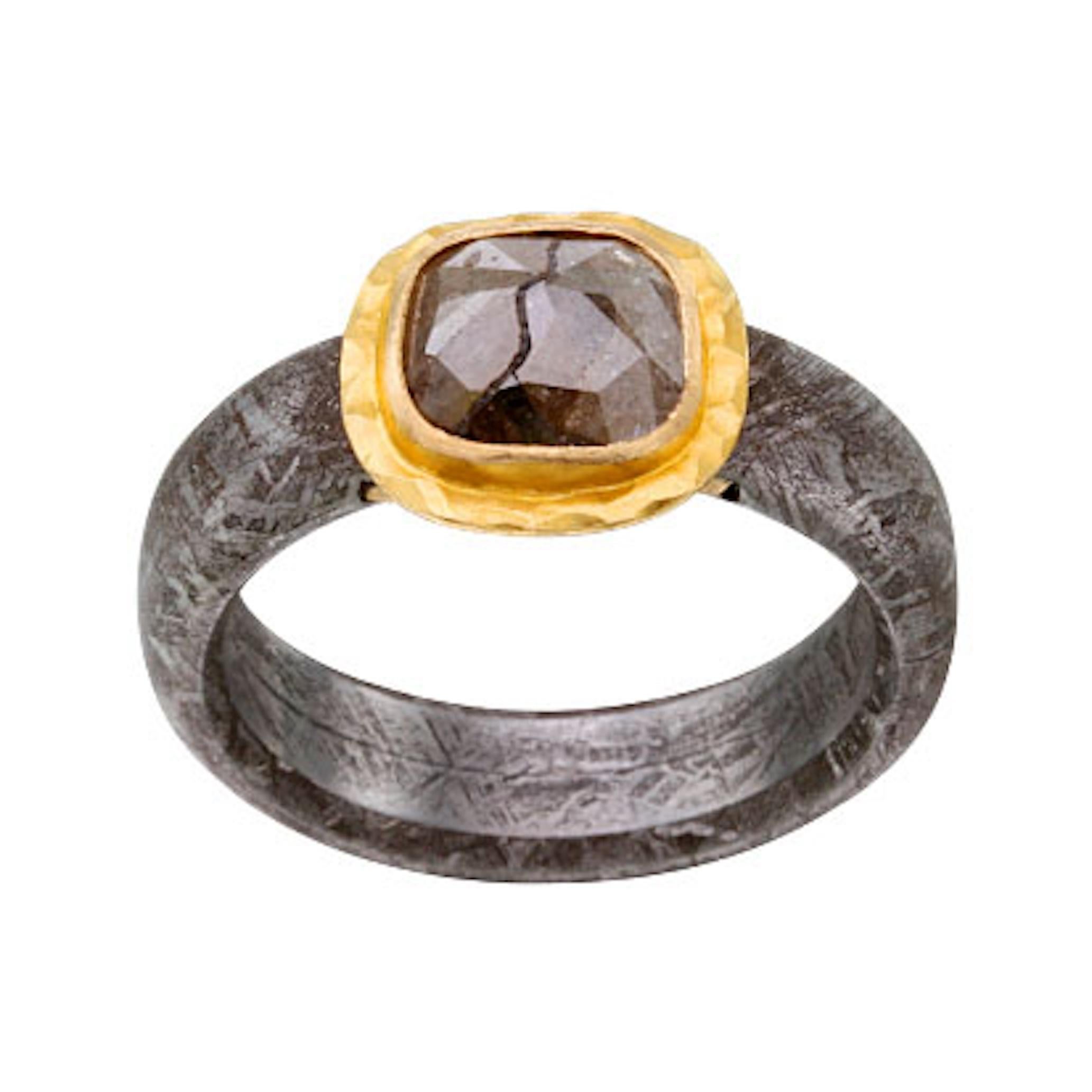 Steven Battelle Rough Diamond 18K Gold Gibeon Meteorite Ring