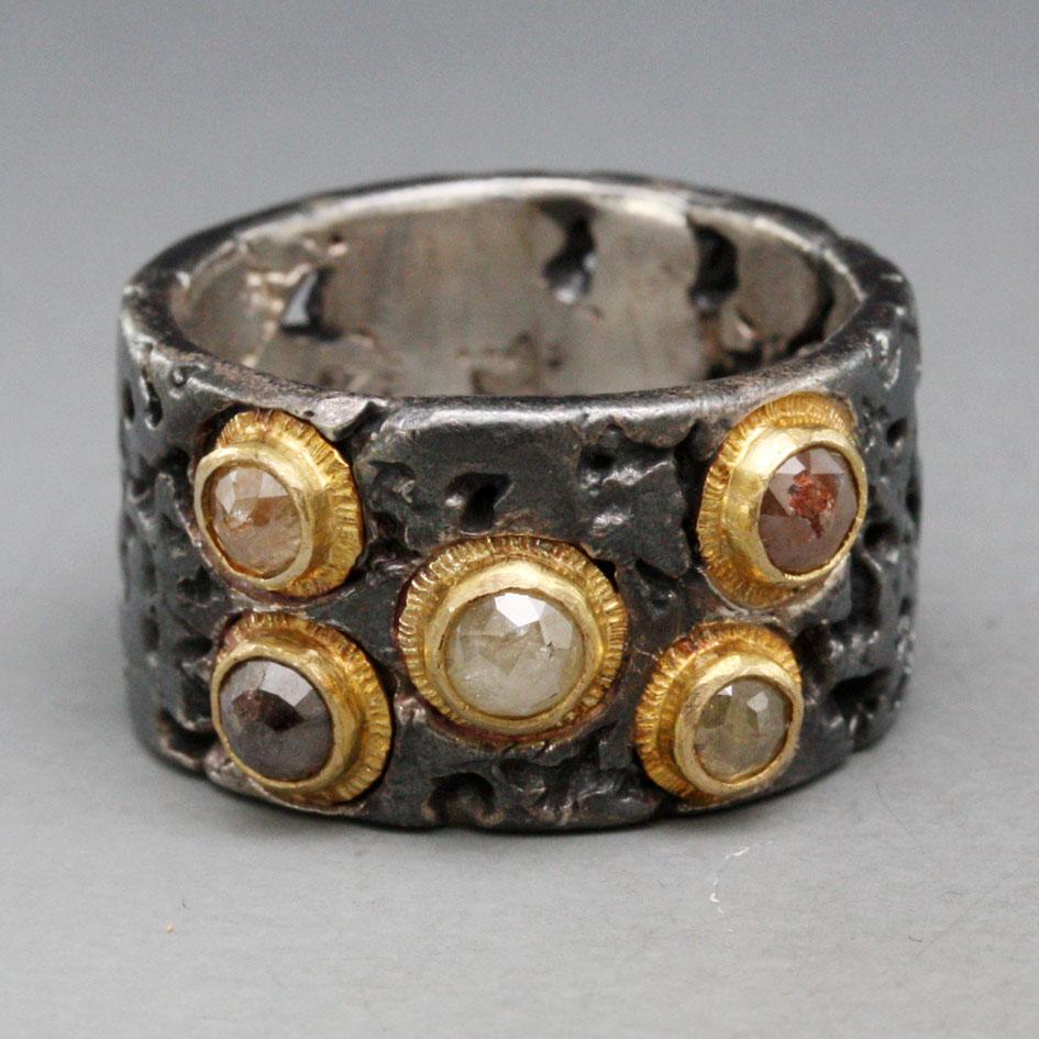Women's or Men's Steven Battelle Rough Diamonds Oxidized Sterling 18K Gold Ring For Sale