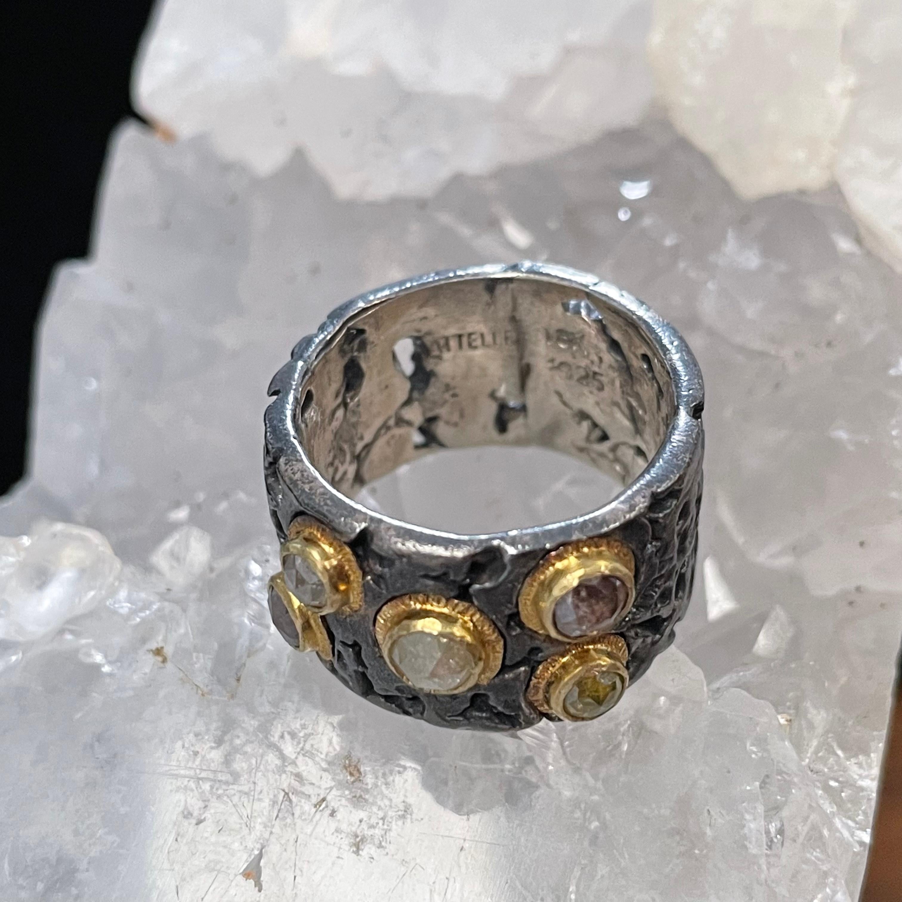 Steven Battelle Rough Diamonds Oxidized Sterling 18K Gold Ring For Sale 1