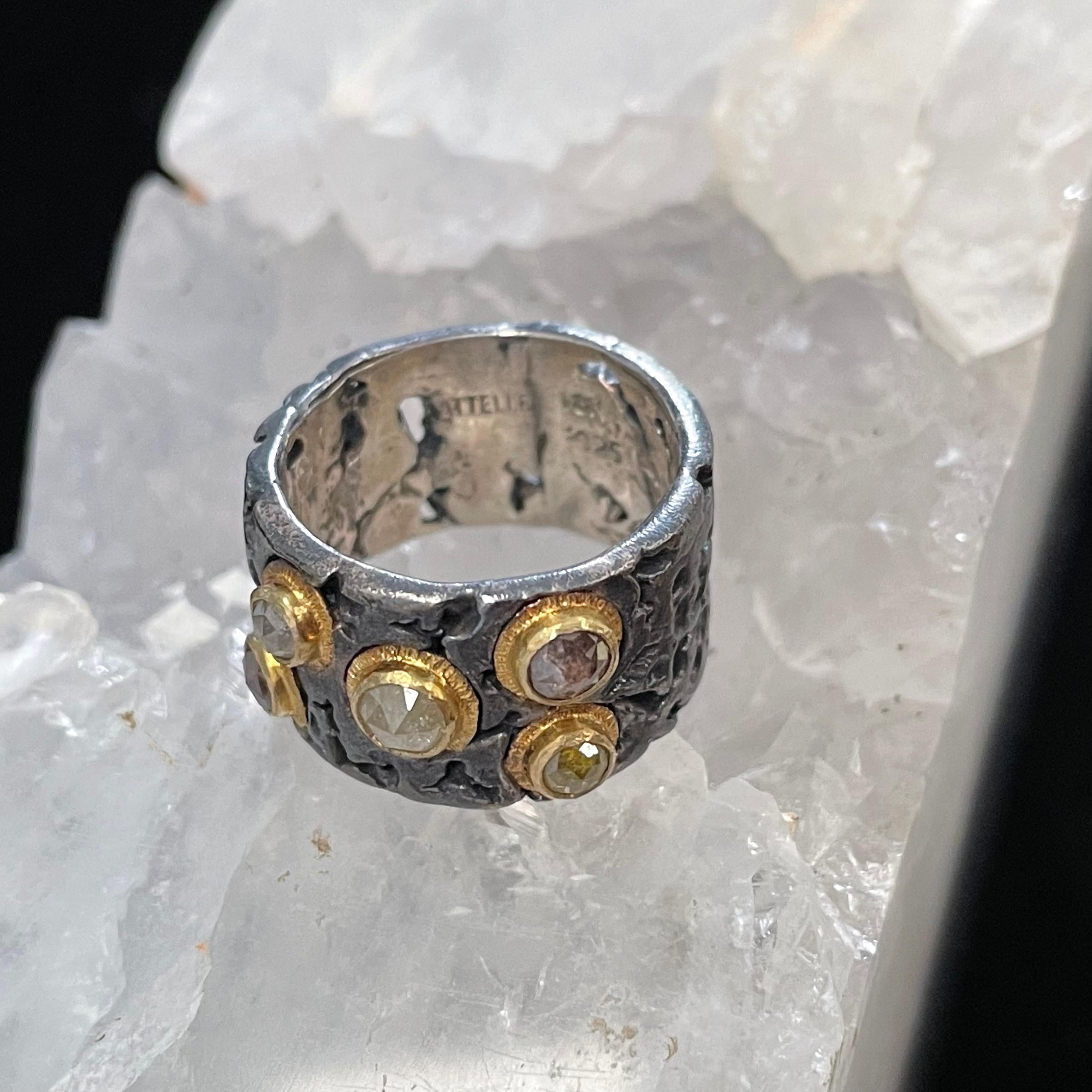 Steven Battelle Rough Diamonds Oxidized Sterling 18K Gold Ring For Sale 2