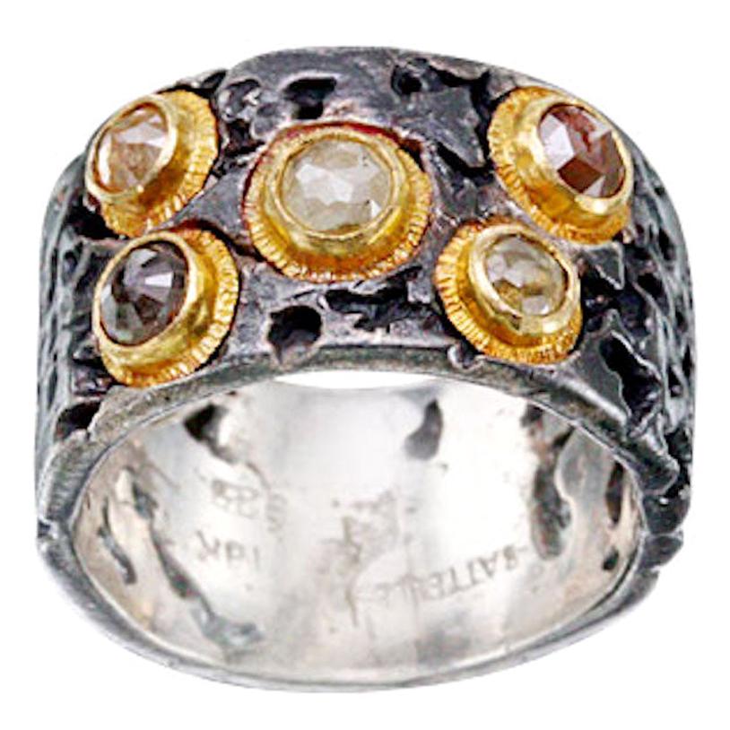 Steven Battelle Rough Diamonds Oxidized Sterling 18K Gold Ring For Sale