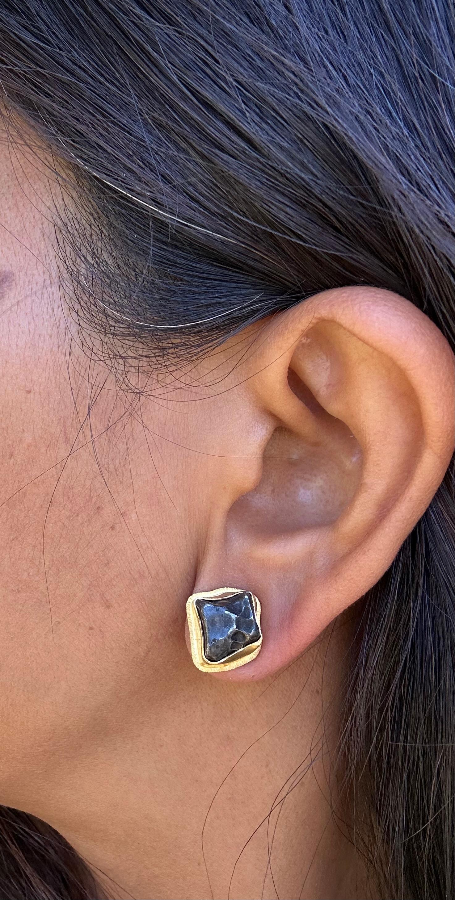 Steven Battelle Sikhote-Alin Meteorite 18K Gold Post Earrings For Sale 1