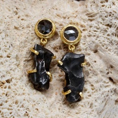 Steven Battelle Sikhote-Alin Meteorite Black Diamond 18K Gold Post Earrings