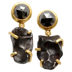 Steven Battelle Sikhote-Alin Meteorite Black Diamond 18K Gold Post Earrings